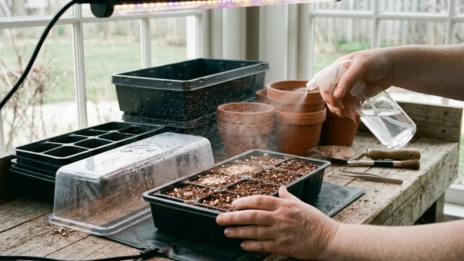 misting young lavender seedlings with a spray bottle