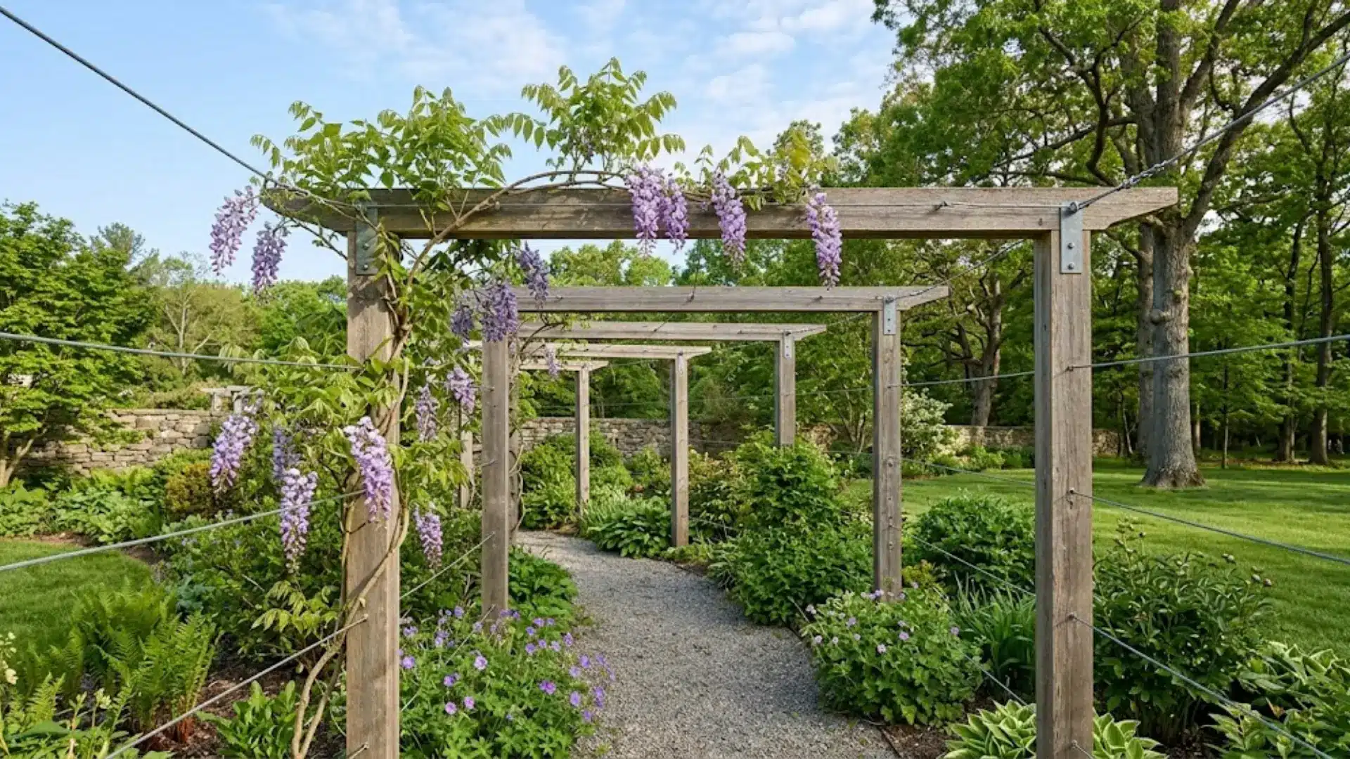 young kentucky wisteria vine with lavender blooms on a garden arbor
