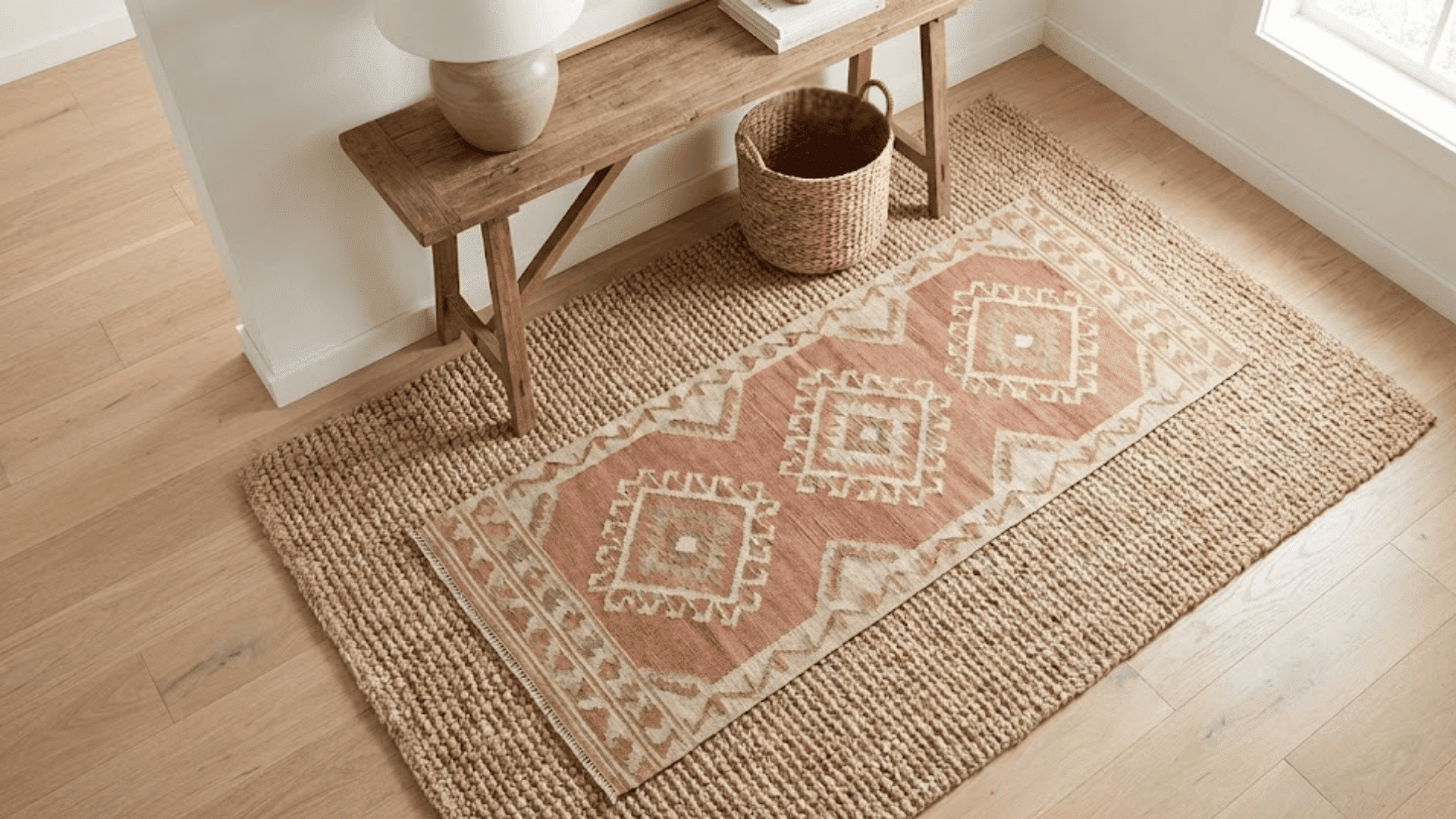layered rugs with large jute base and smaller terracotta geometric runner on top in entryway