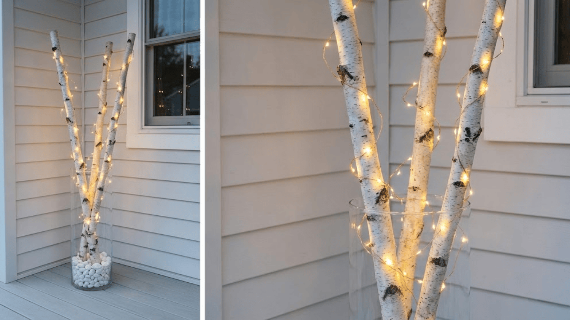 light wrapped branches in a tall vase
