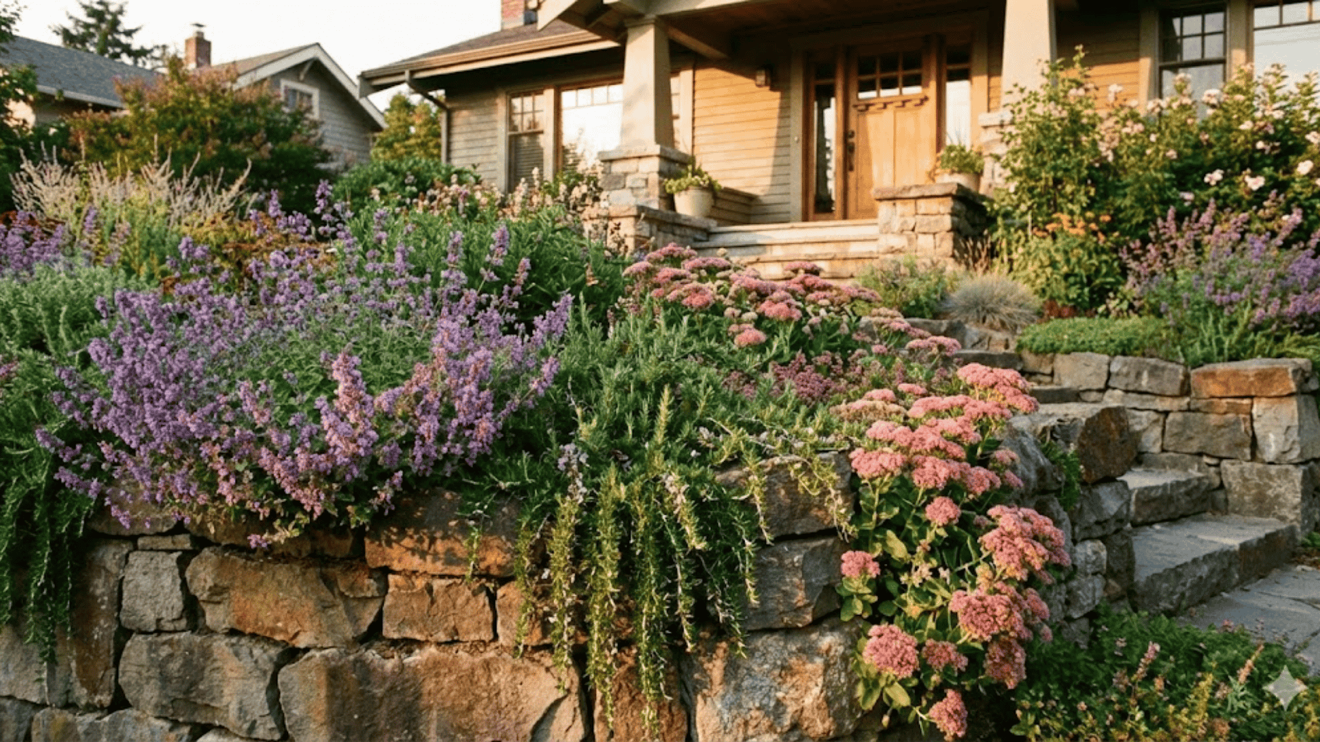 low stone wall with mixed perennials spilling over (1)