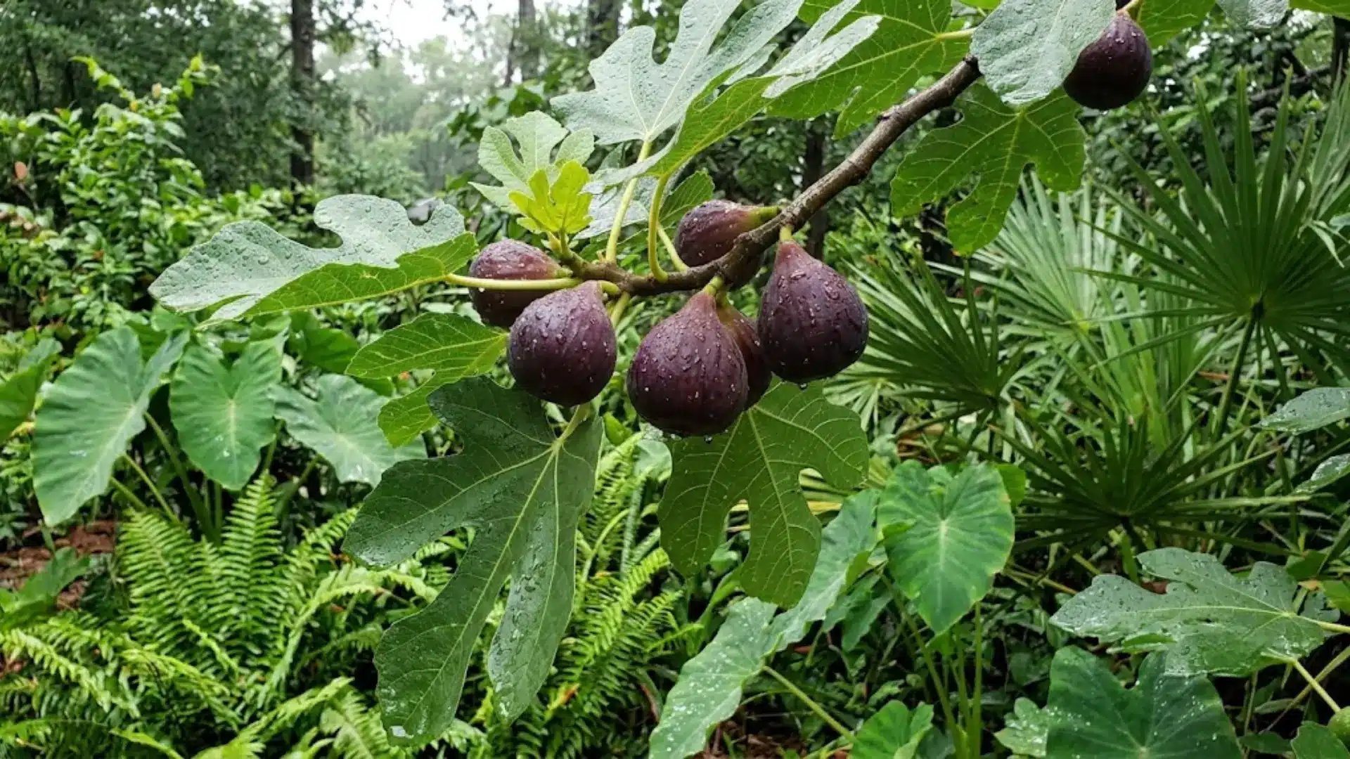 purple lsu figs with rain droplets on a humid climate tree