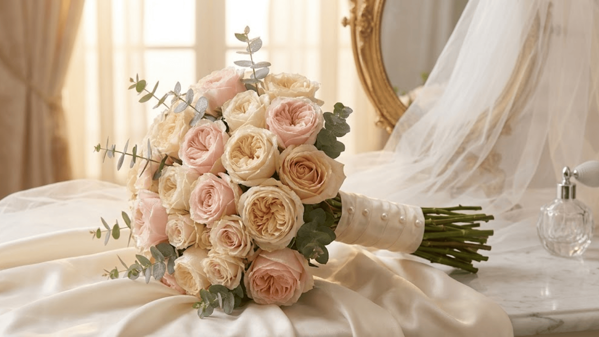 blush and cream wedding rose bouquet with eucalyptus, wrapped in ribbon, resting on satin near a mirror