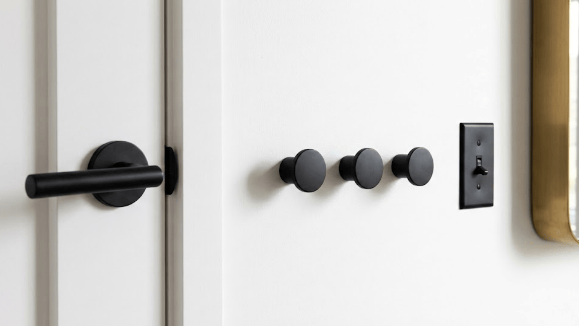 matte black cylindrical door handle wall hooks and switch plate on white wall showing hardware details