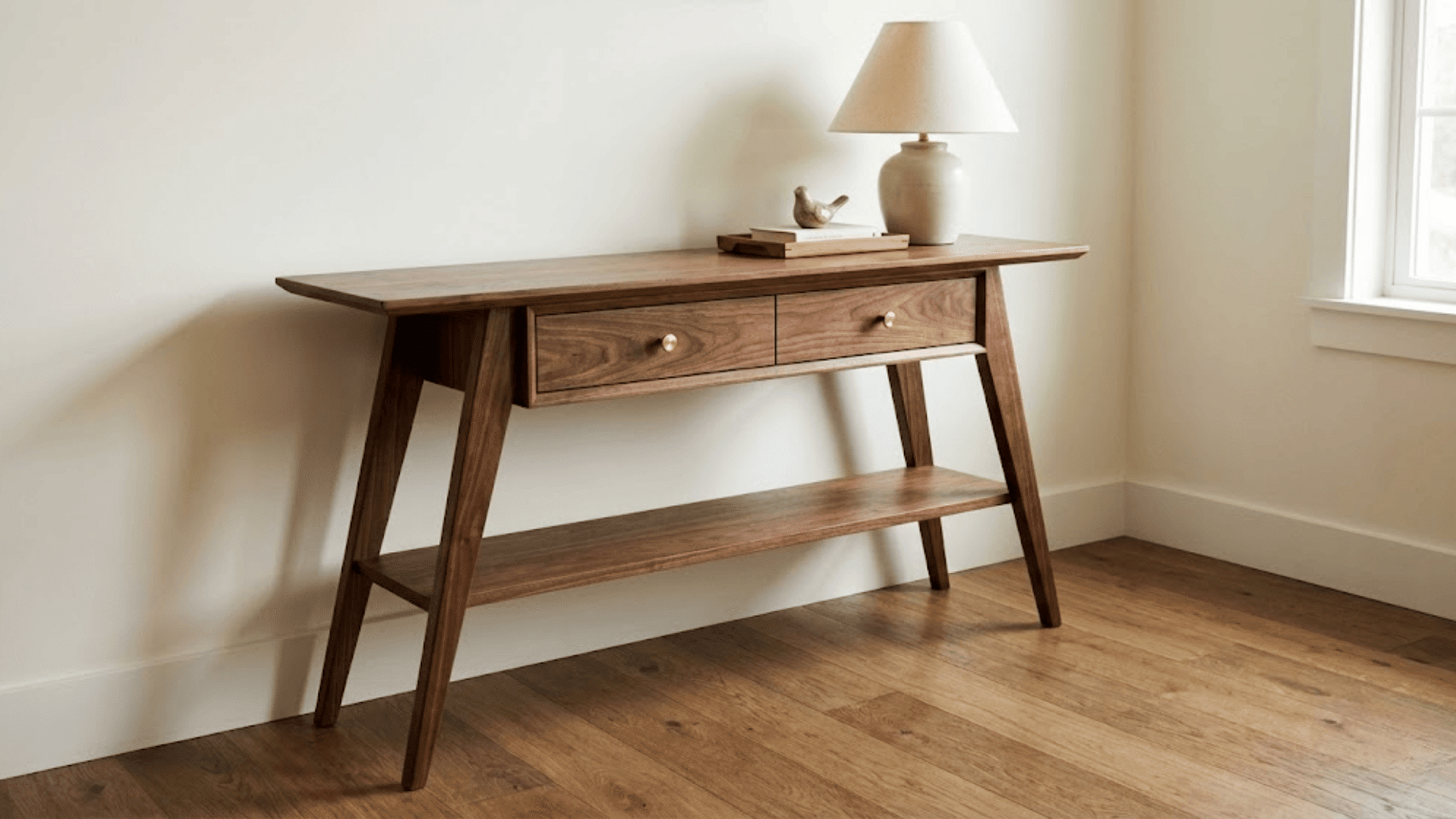 mid-century modern walnut console with tapered legs brass knobs and warm wood grain texture