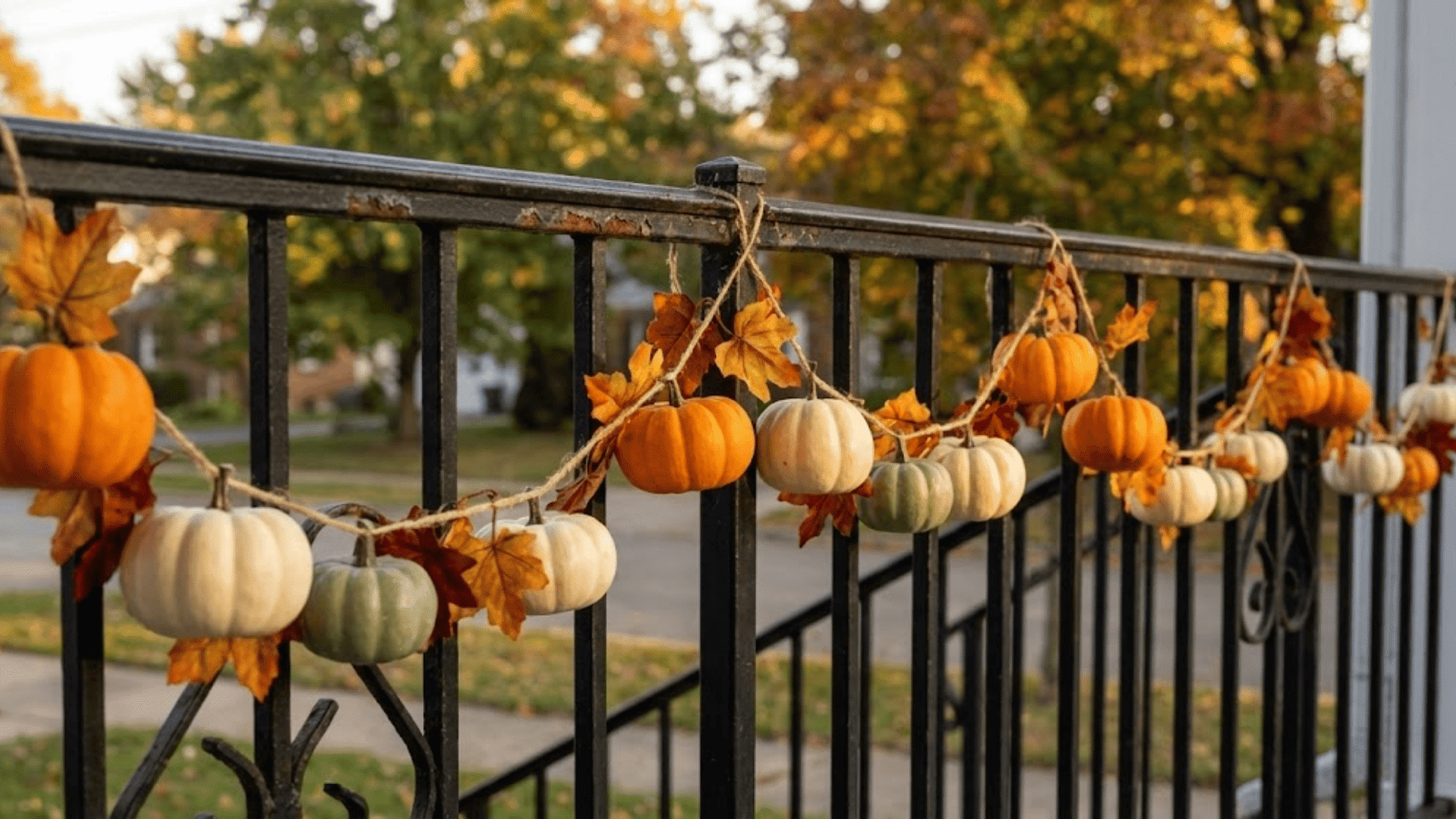 mini pumpkin garland on railings