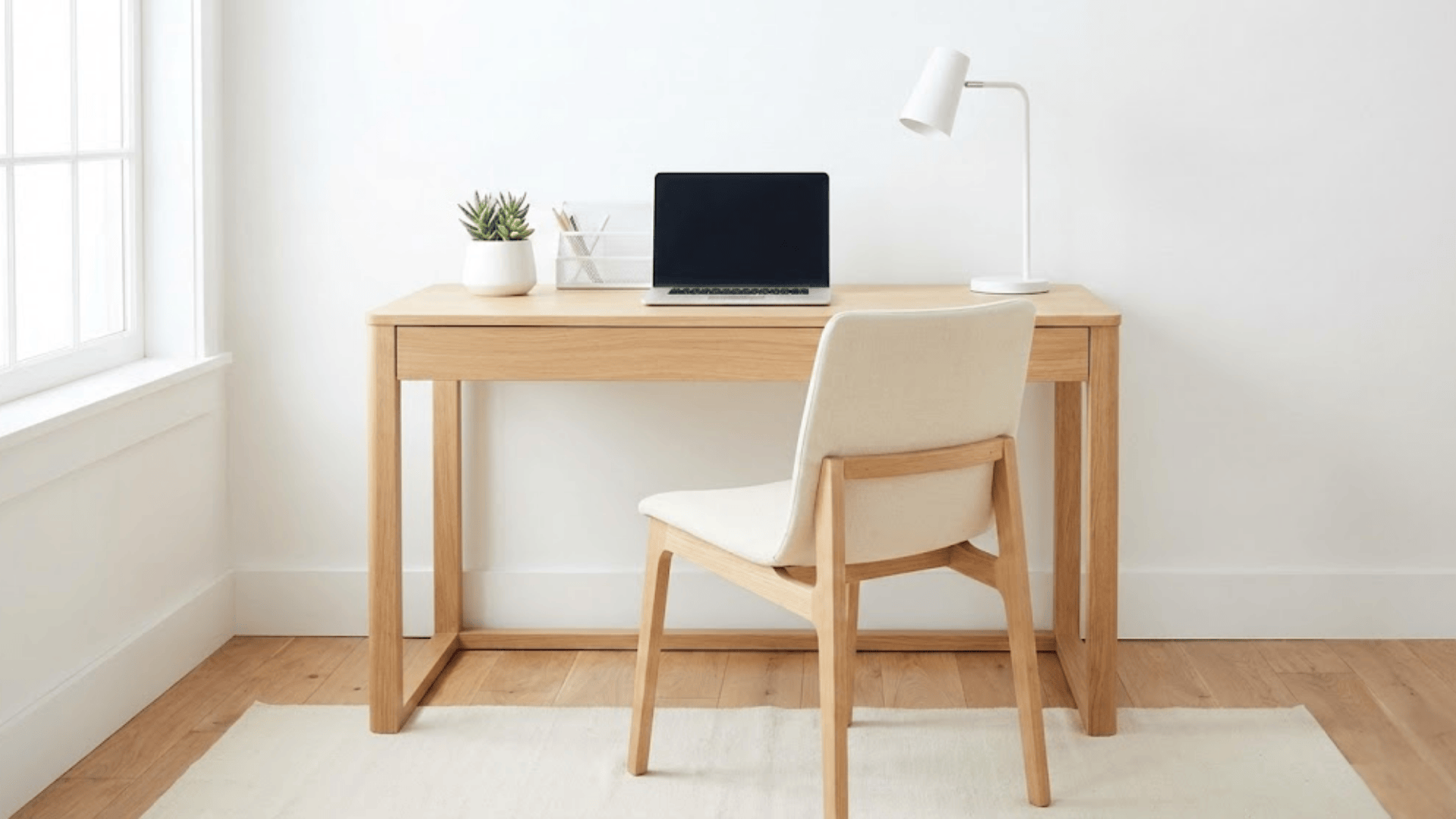 minimalist desk setup with neutral tones