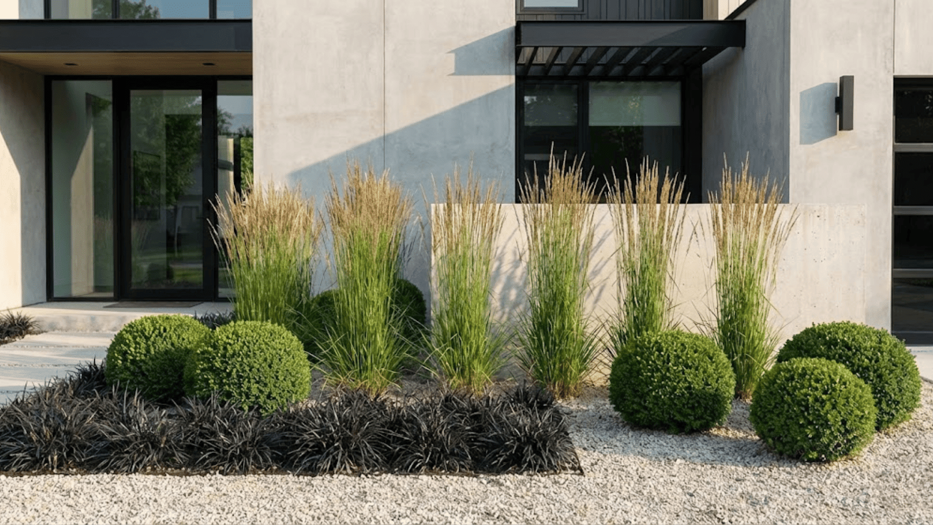 minimalist monochrome gravel green plant bed for modern curb appeal
