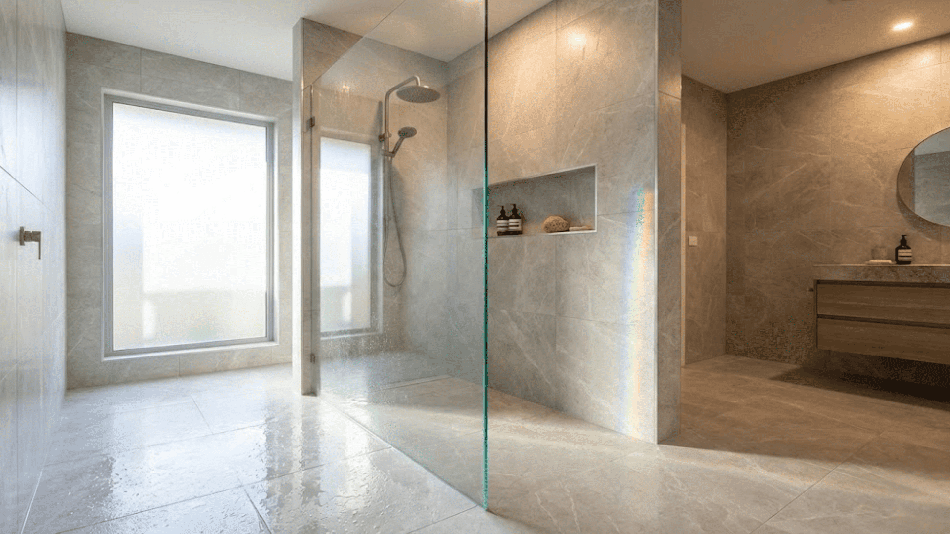 modern doorless walk-in shower with single frameless glass panel and white tiles in minimalist bathroom