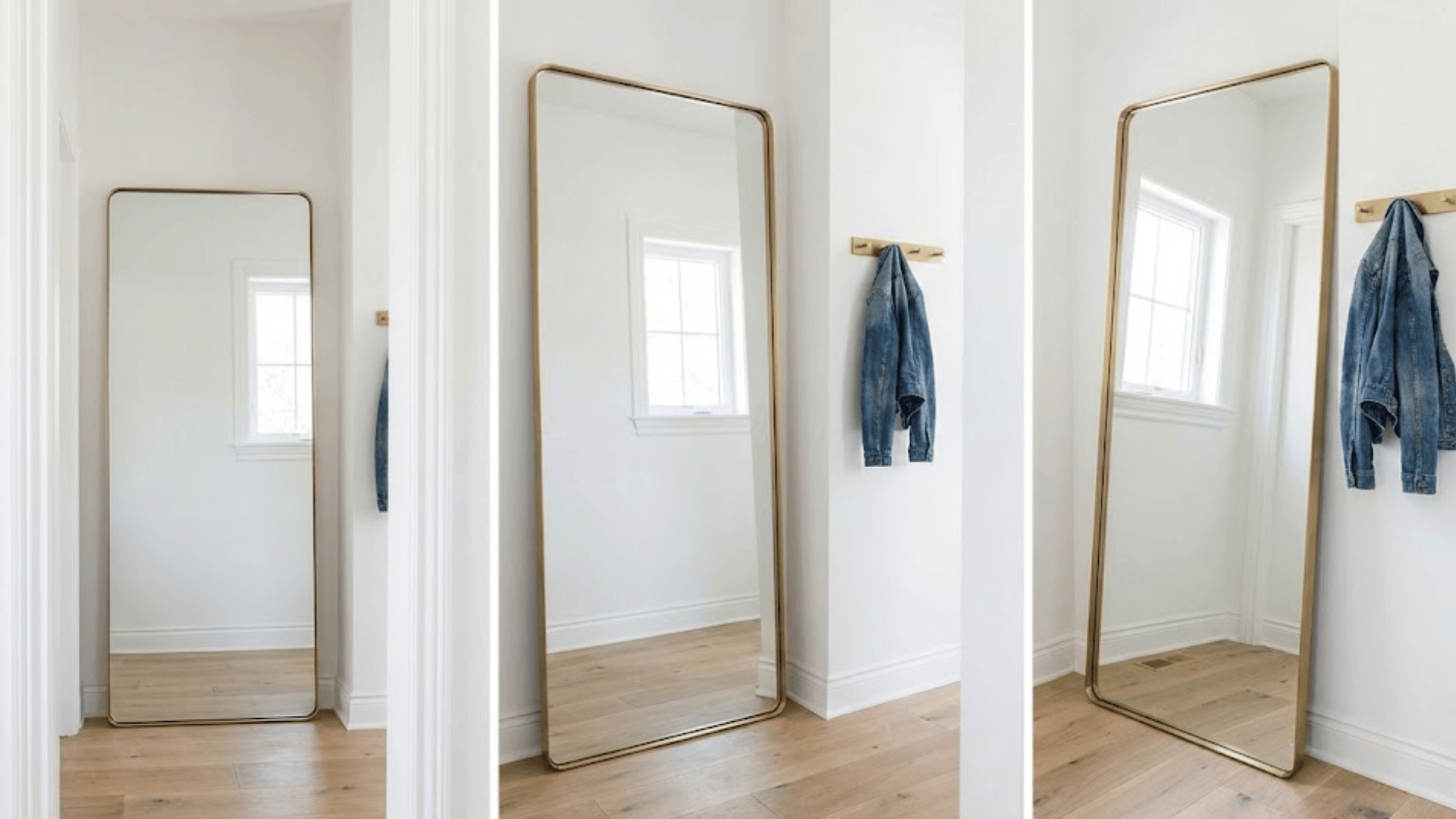 large leaning floor mirror 72 inches in brass frame against white wall reflecting light and depth