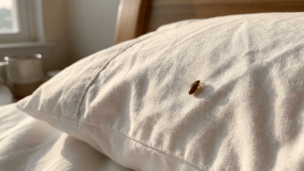 tiny brown bug on white pillow causing bed bug identification panic in bedroom setting