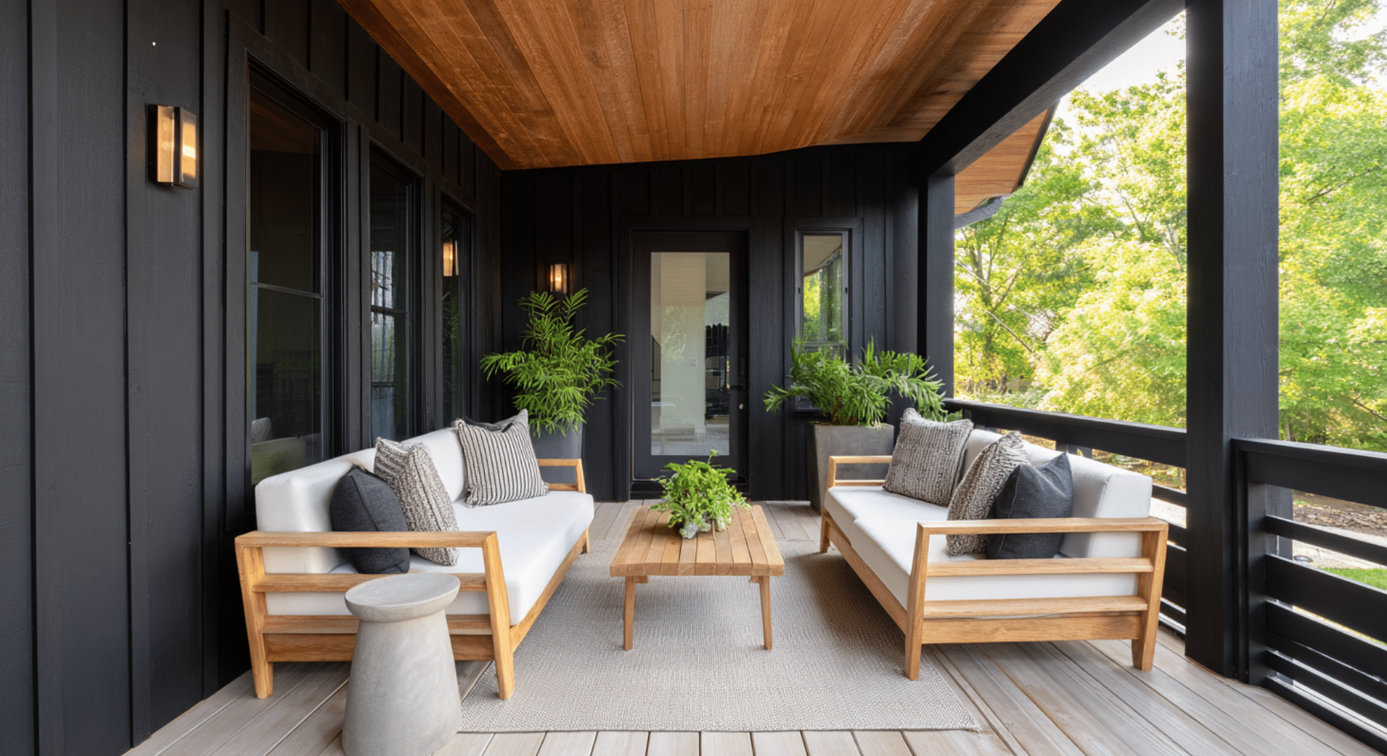 modern black and wood porch