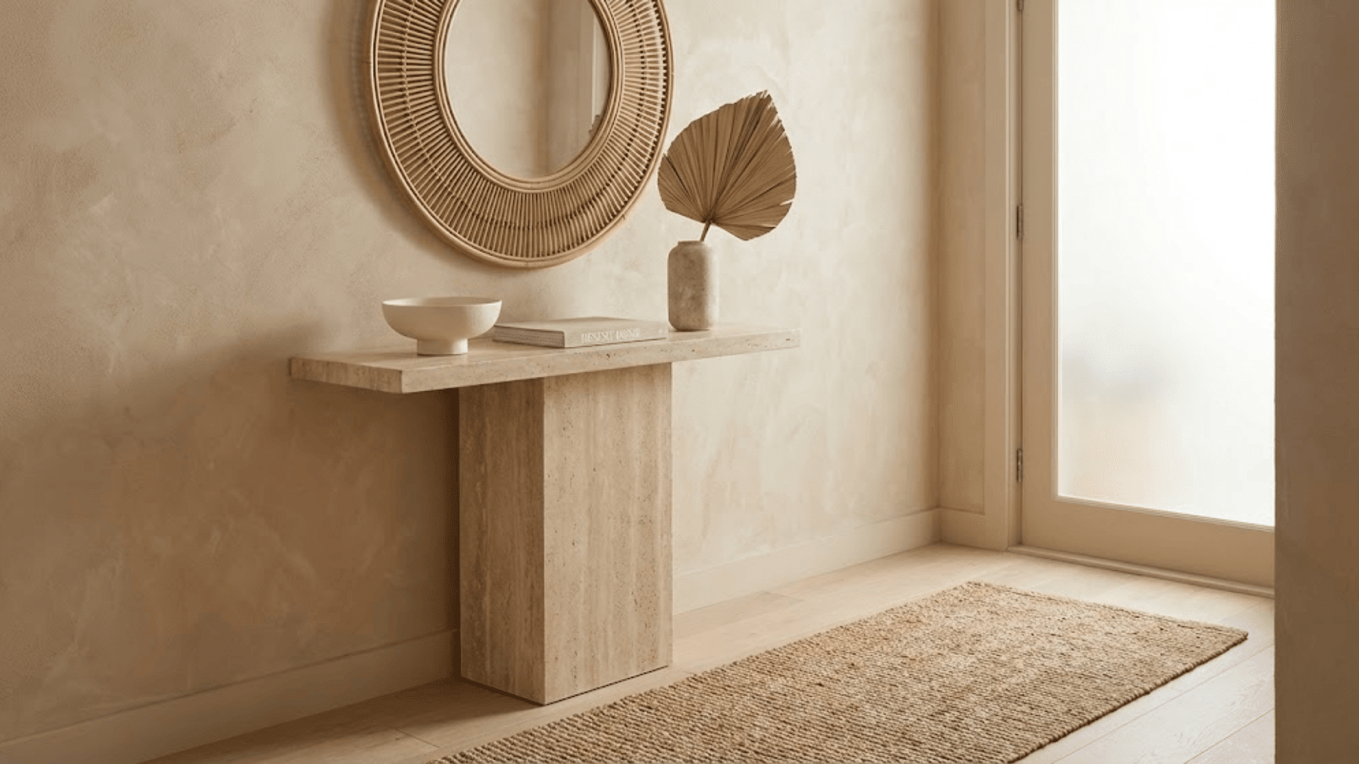 monochrome beige entryway with travertine console rattan mirror stone vase creating tonal neutral palette