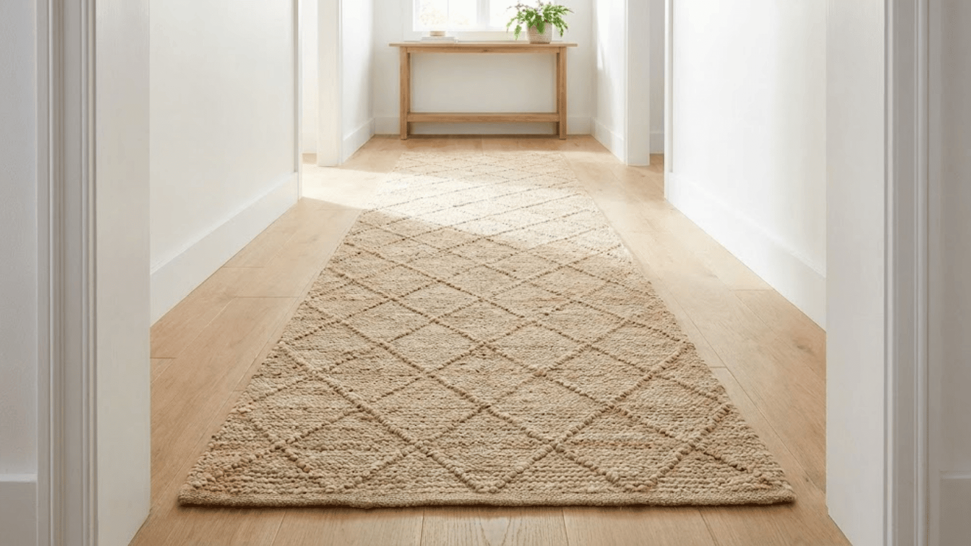 natural jute runner rug with subtle diamond pattern extending down bright hallway on oak flooring