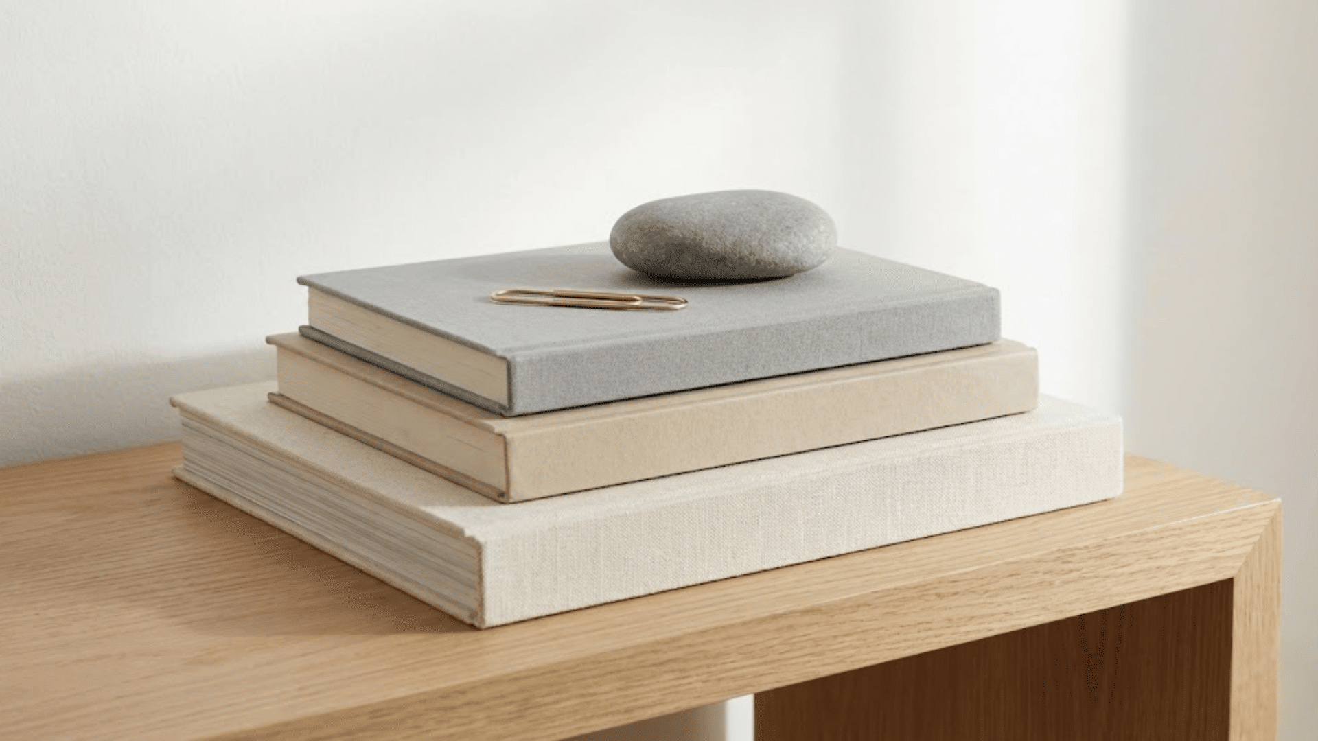 stack of three neutral hardcover books in cream beige gray with river stone on oak console