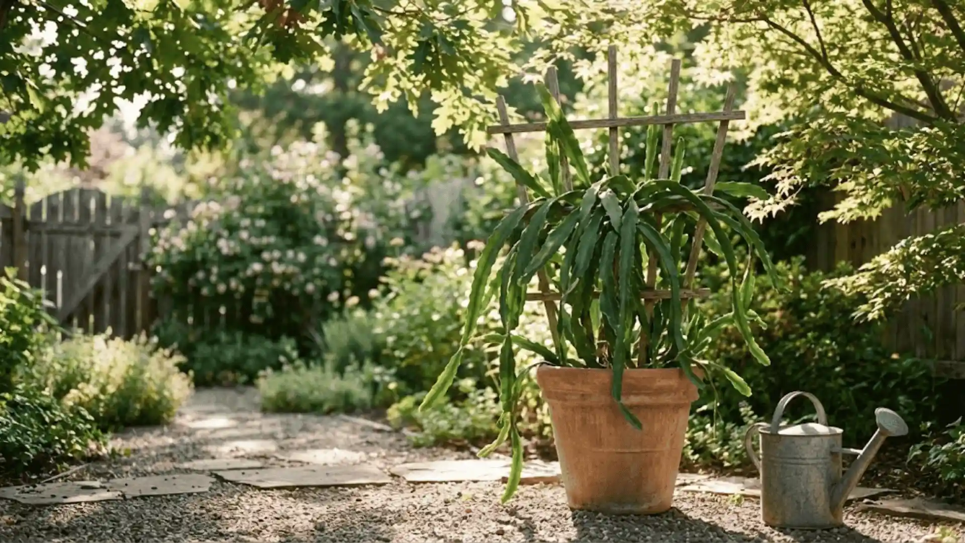 night blooming cereus plant growing in a pot outdoors with green stems and garden background