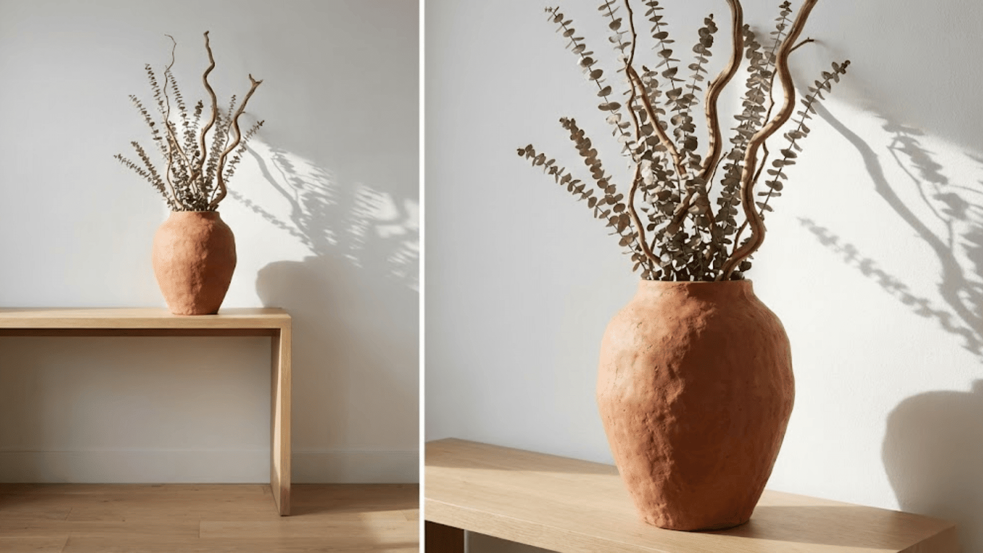 large terracotta ceramic vase 20 inches with dried eucalyptus branches creating sculptural arrangement