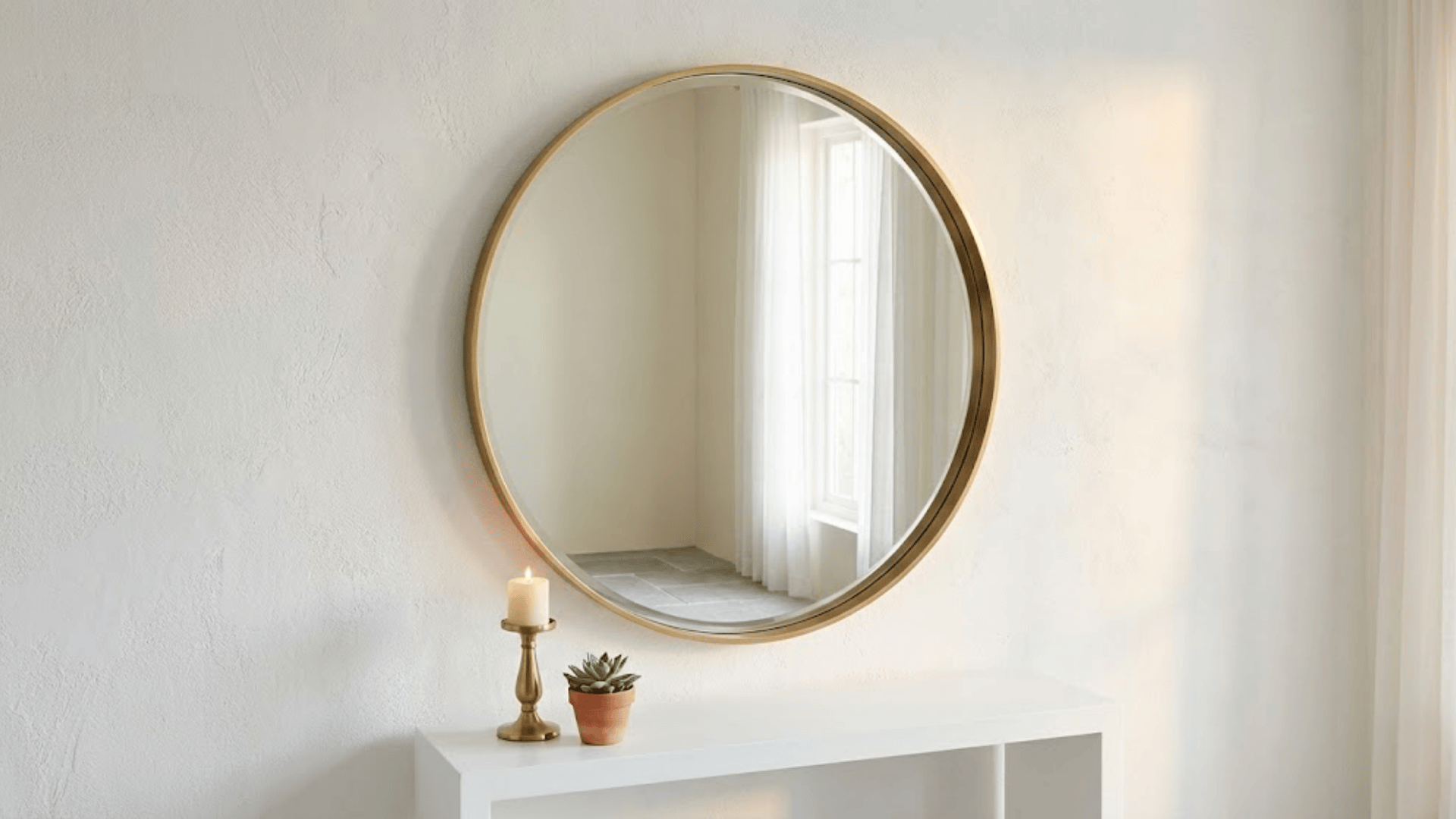 oversized round mirror 42 inches with thin brass frame above white console reflecting natural light