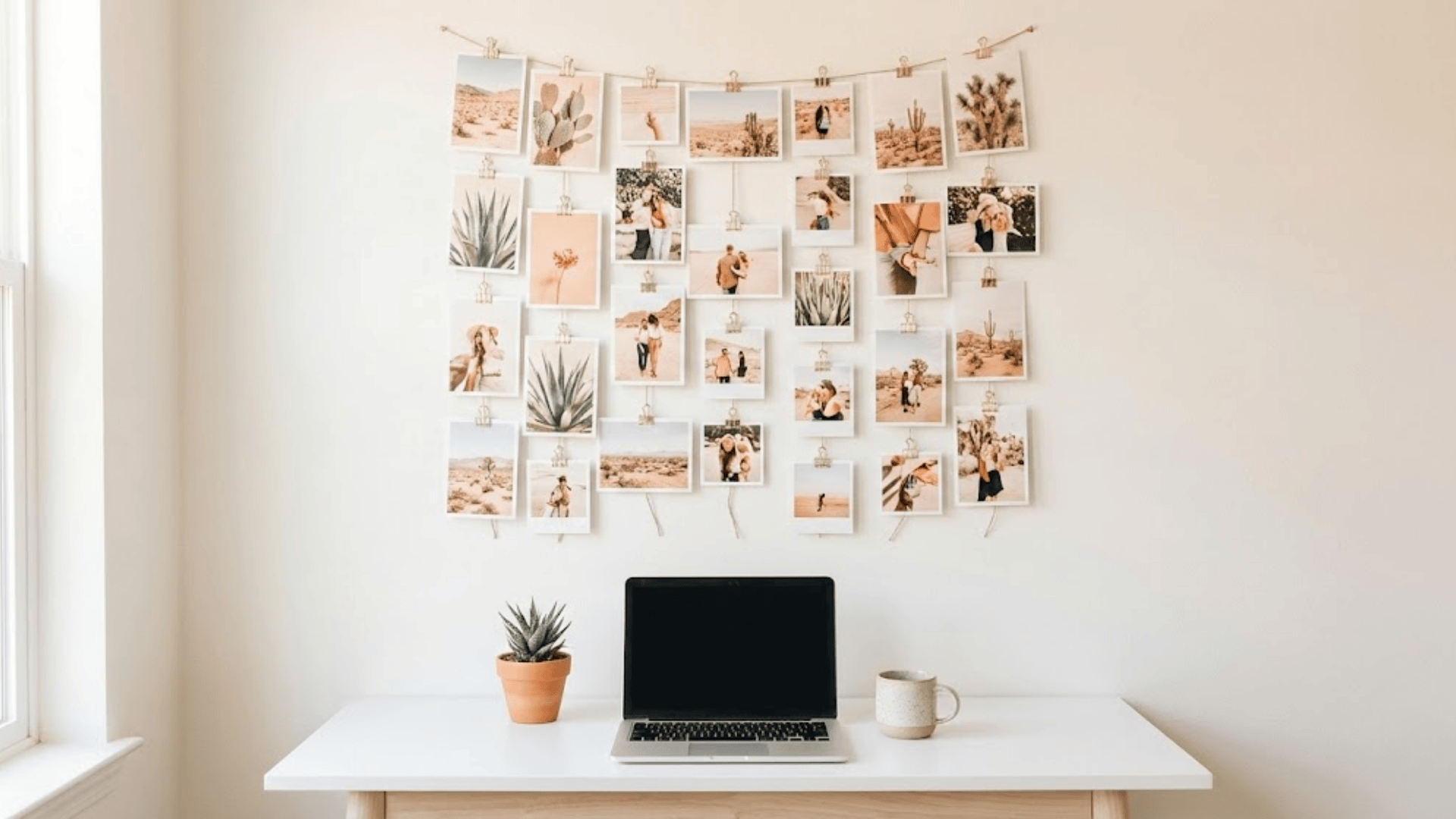 photo collage wall with cohesive color tones