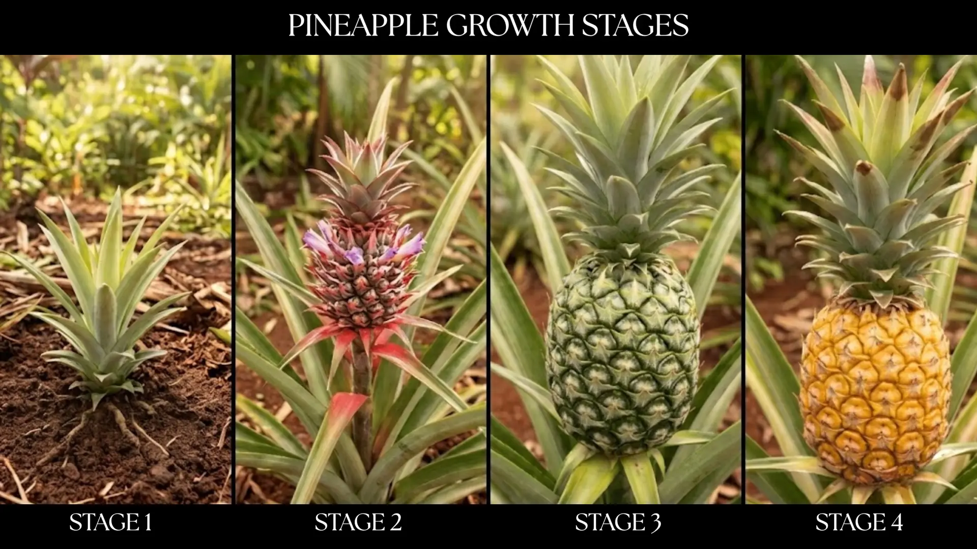 pineapple growth stages showing plant development from young sprout to ripe tropical fruit