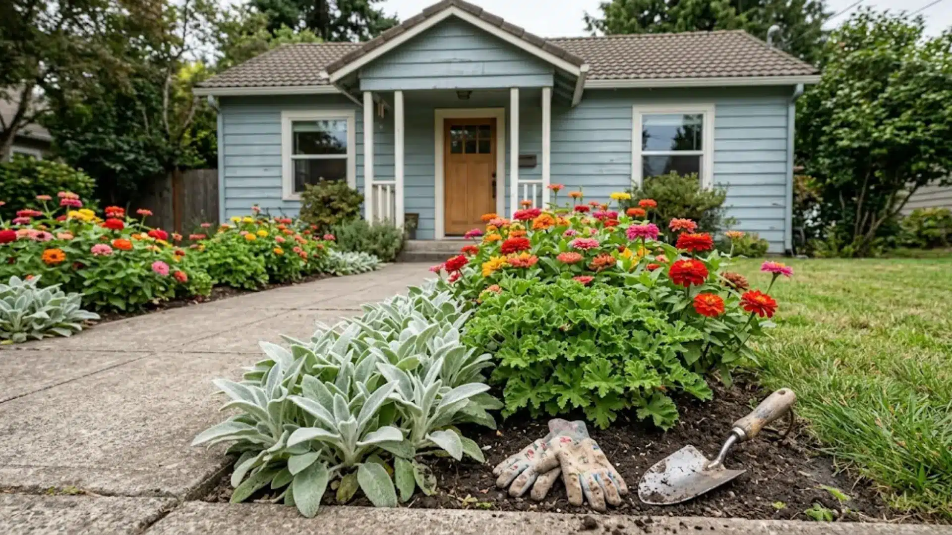 lamb's ear, scented geraniums, and zinnias fill a low bed with small gardening gloves left nearby