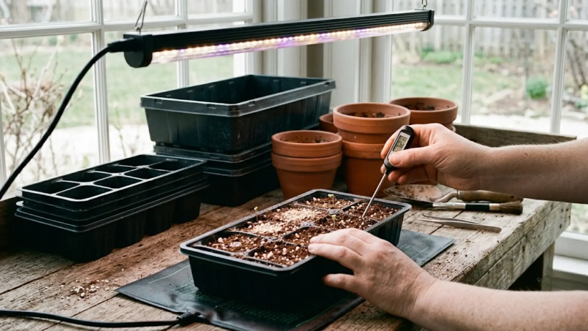 lavender seedling trays under a grow light on a heat mat