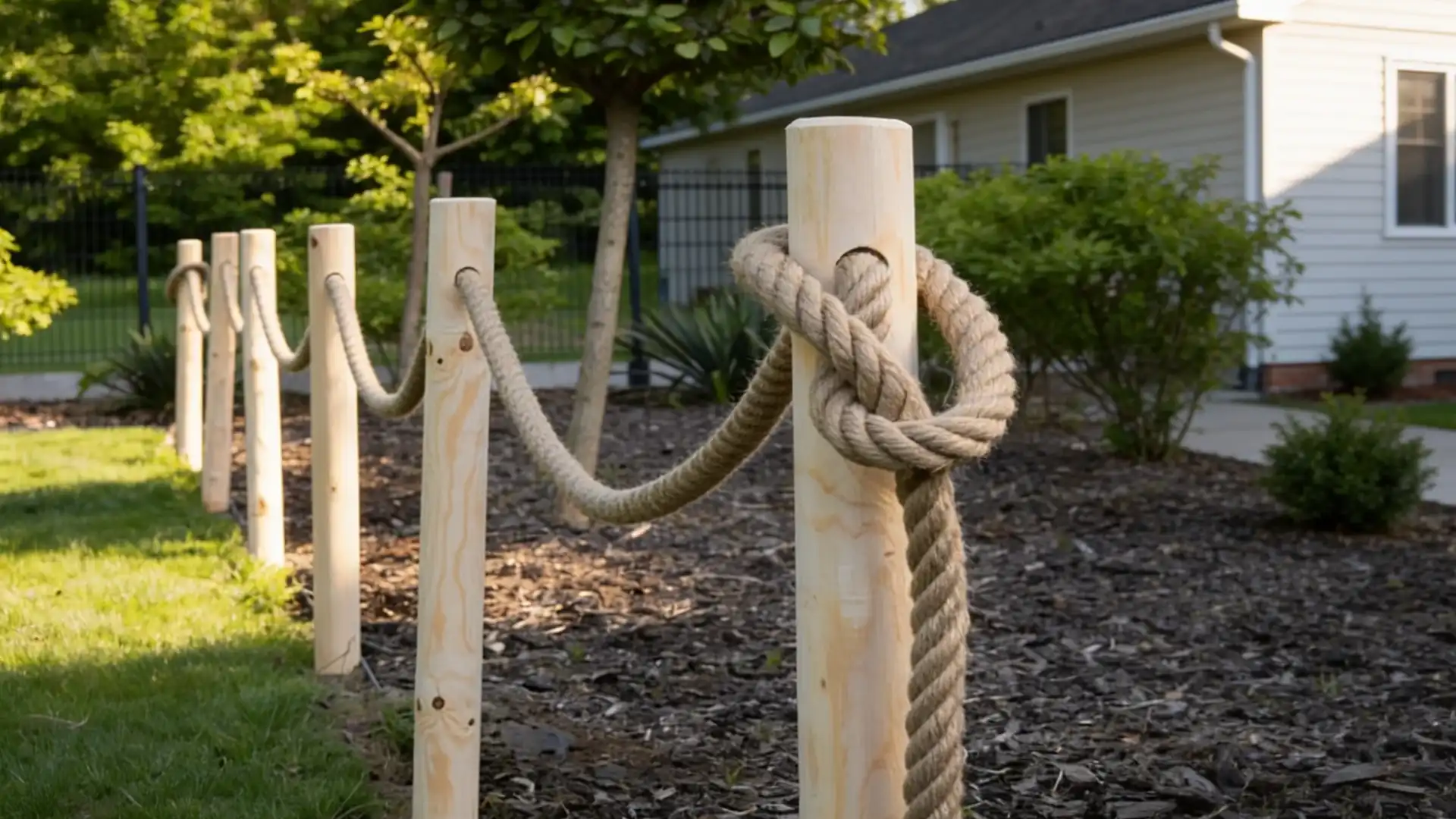 rope and wood post fence screen creating a simple decorative garden boundary design