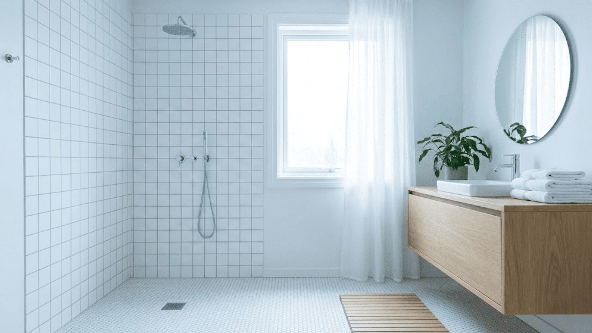 minimalist scandinavian doorless shower with white tiles, light wood accents, and natural light