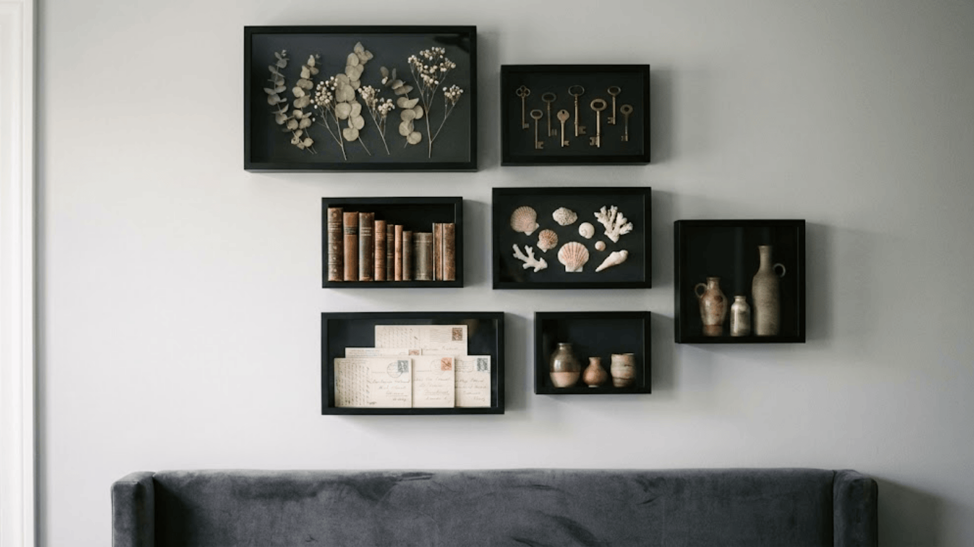 shadow boxes with curated décor