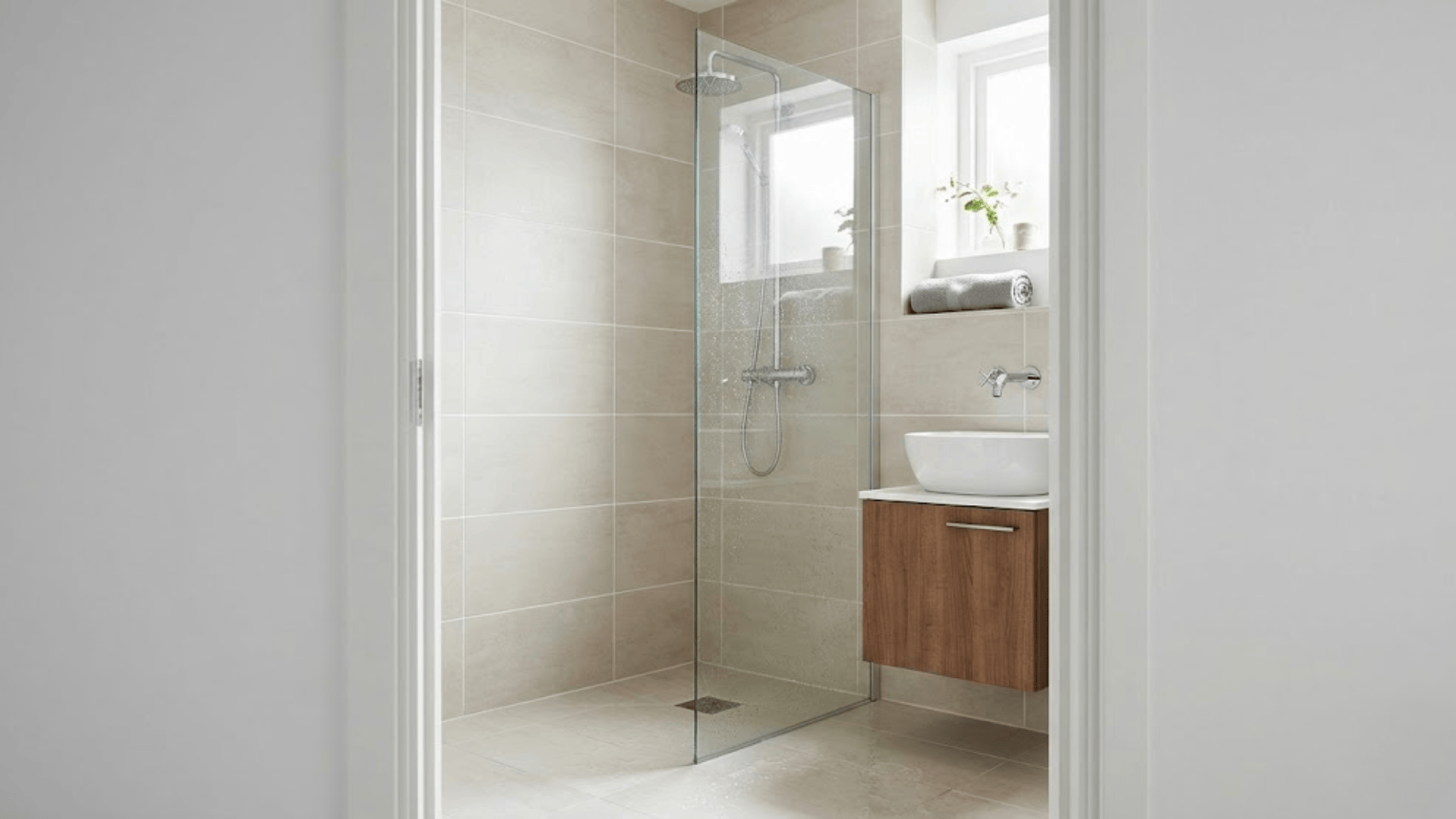 small bathroom with corner doorless shower layout featuring glass panel and space-saving design