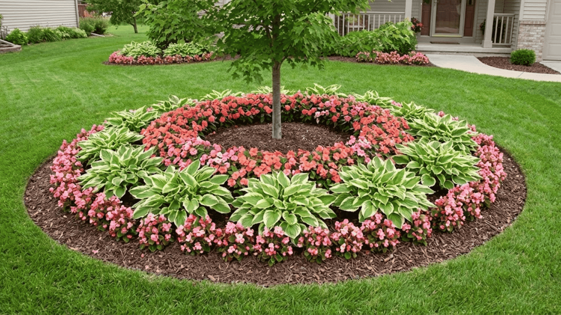 small circular bed around a focal tree or flagpole