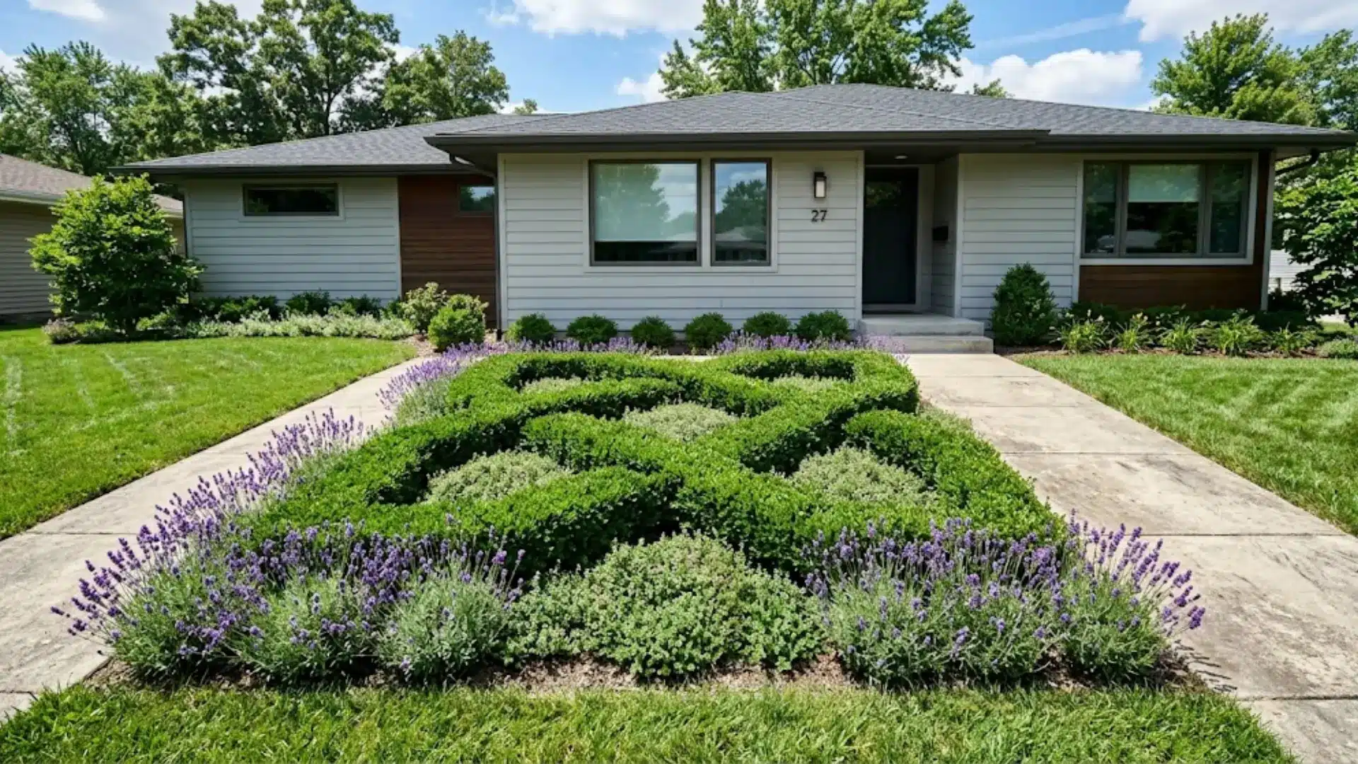 dwarf boxwood clipped into a visible knot pattern with thyme and lavender border a modern home