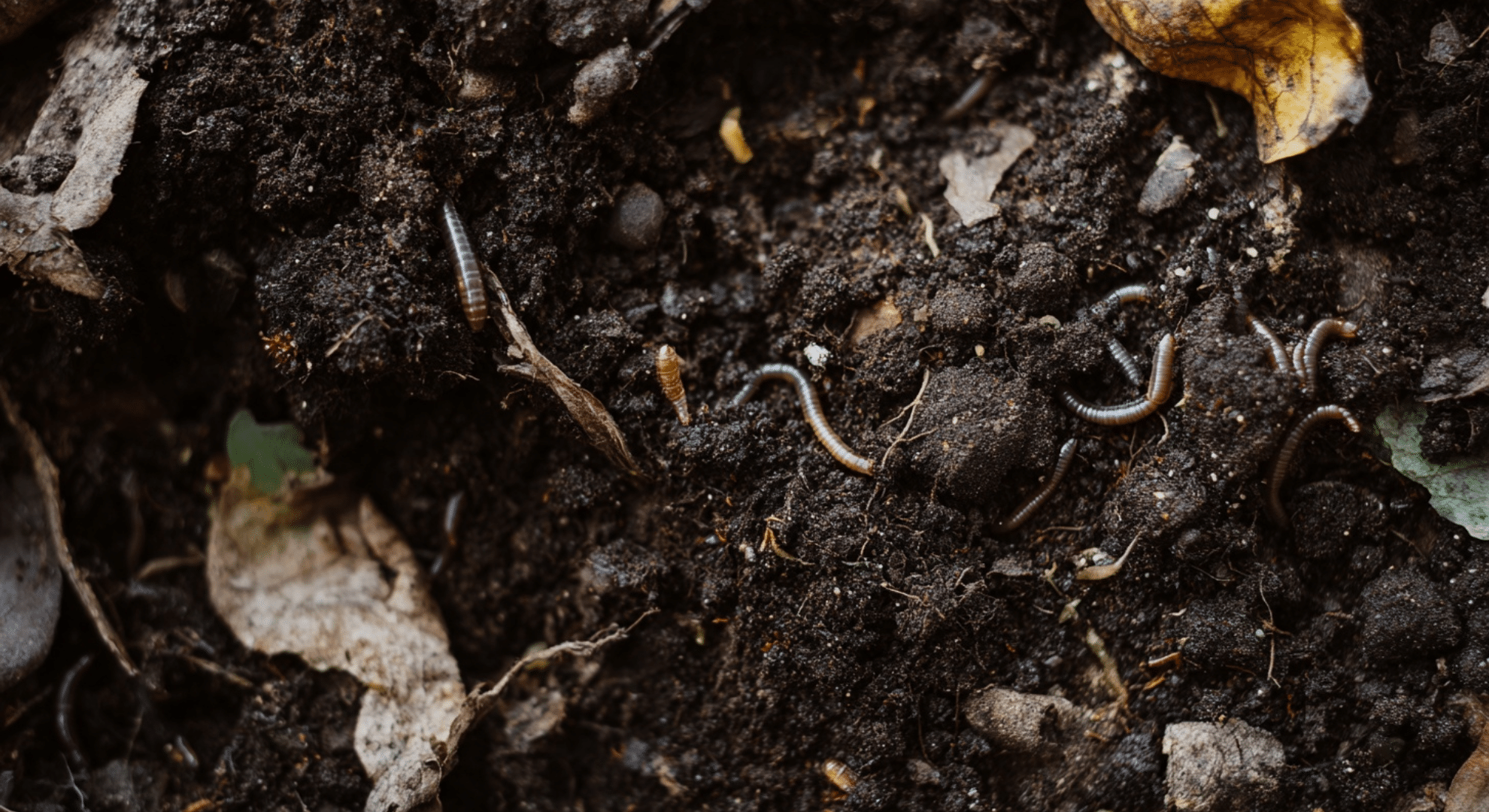 healthy garden soil with beneficial earthworms and decomposing organic matter