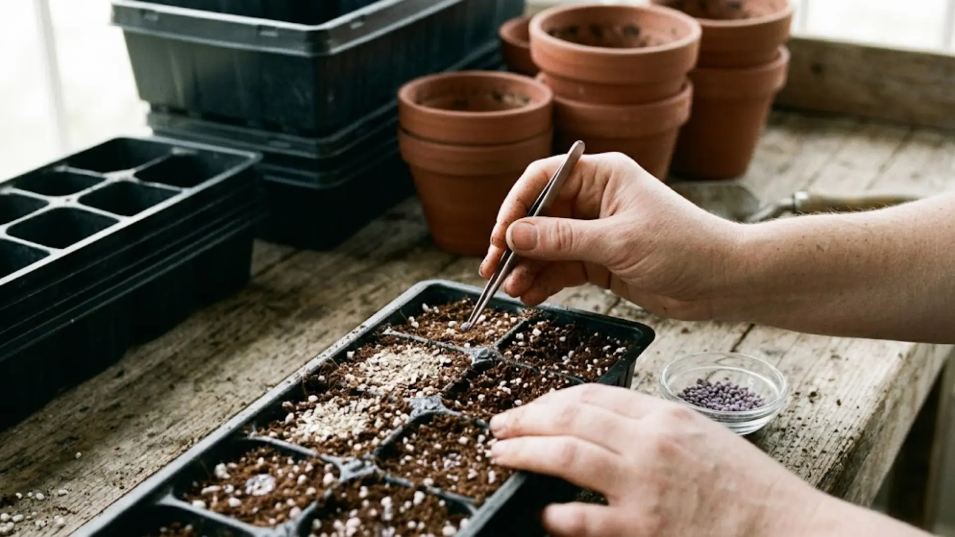 sowing lavender seeds on soil surface with light vermiculite