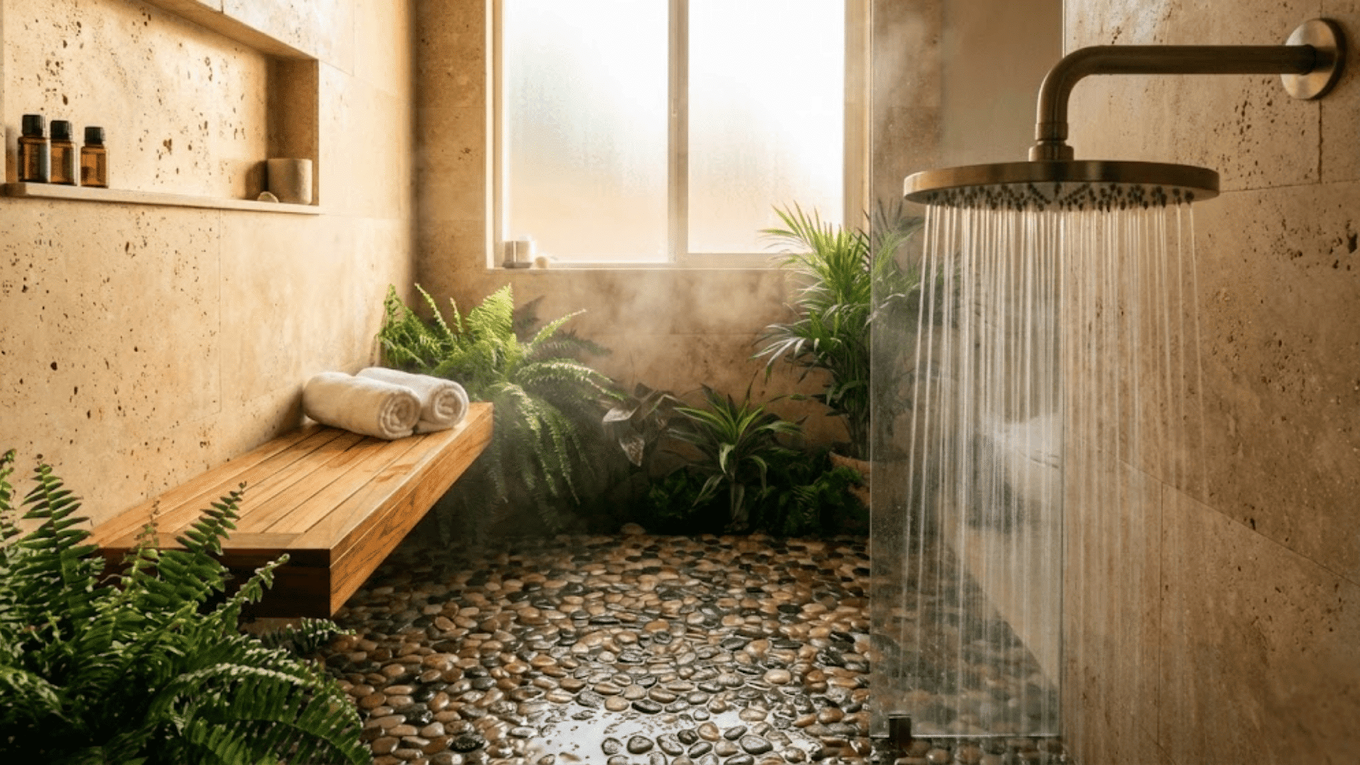spa-inspired doorless shower with river rock floor, teak bench, and natural light from window