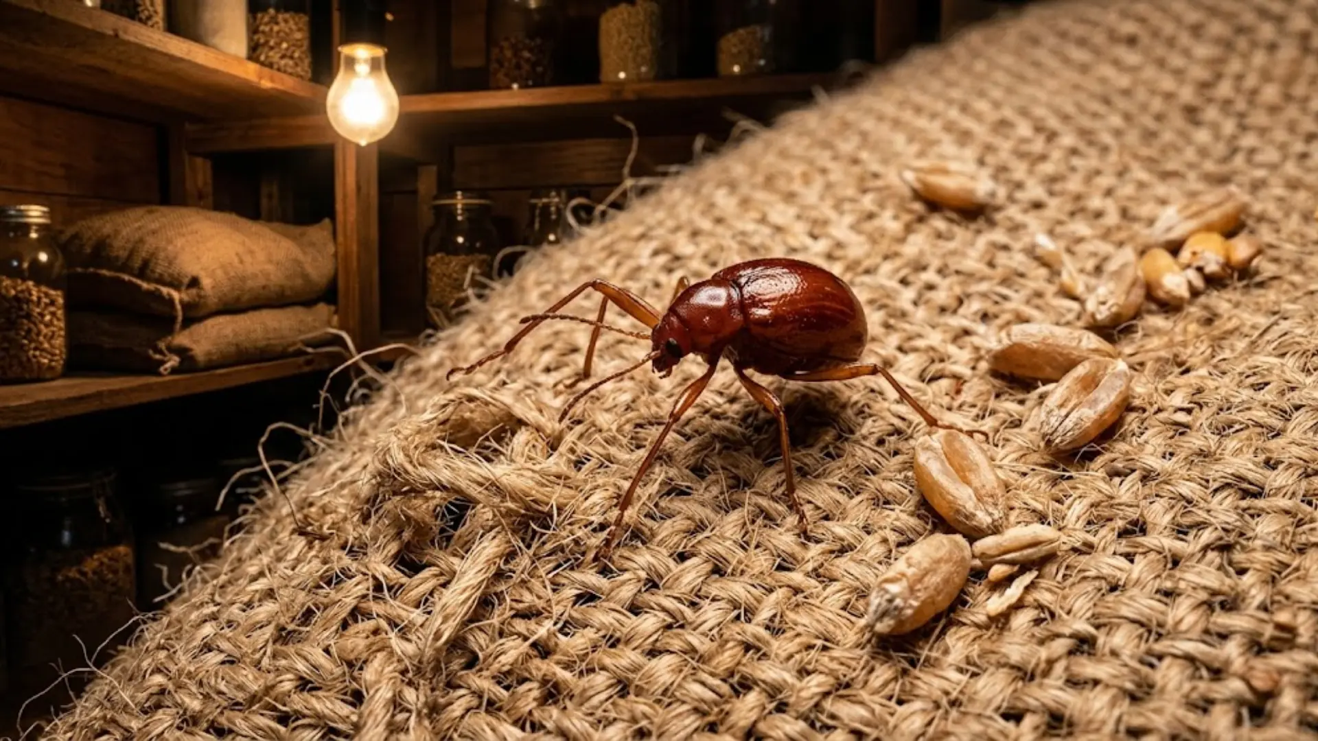photo of a spider beetle crawling across a burlap grain sack