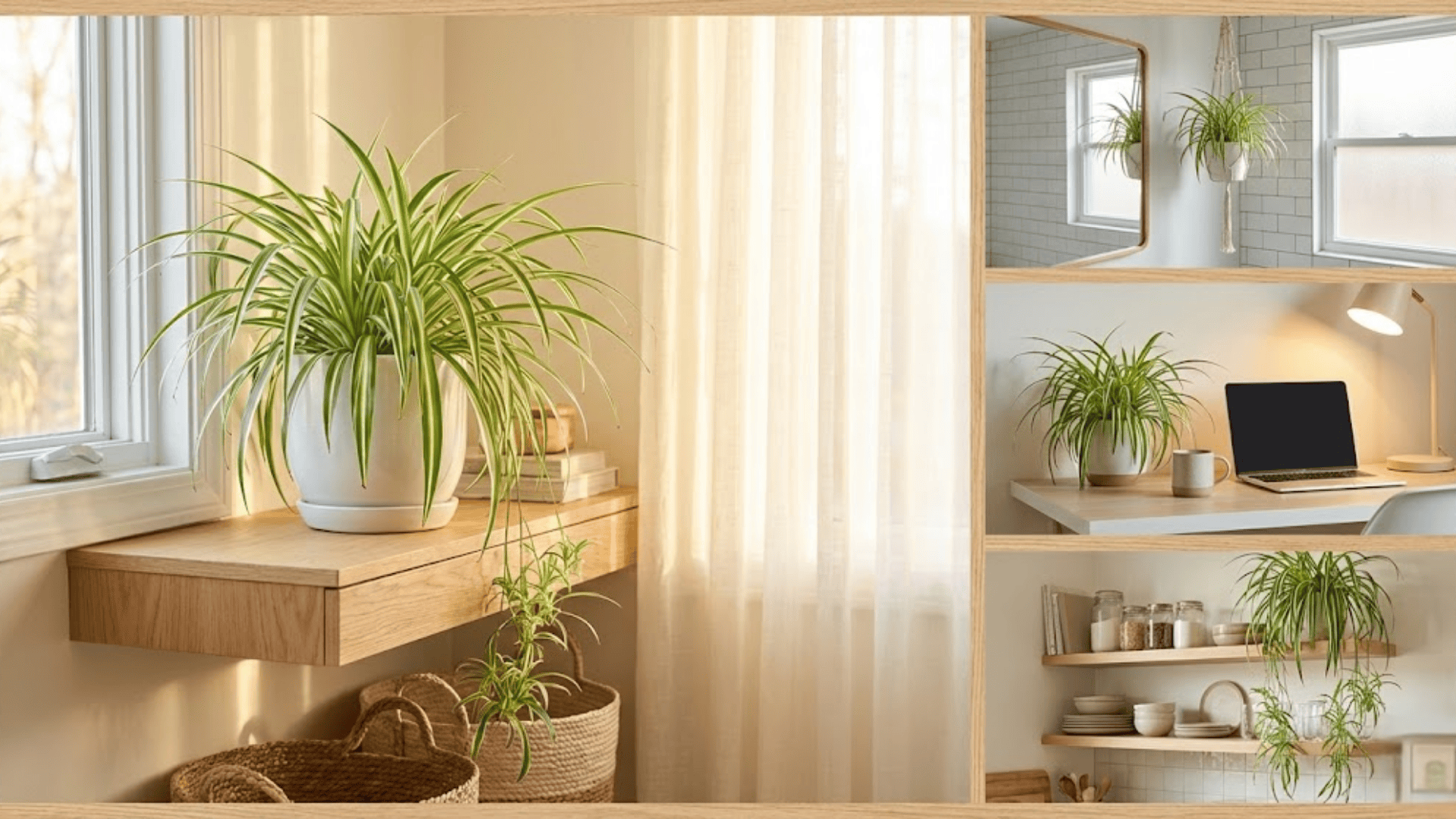 spider plants displayed in multiple home rooms including living room kitchen and office with natural light