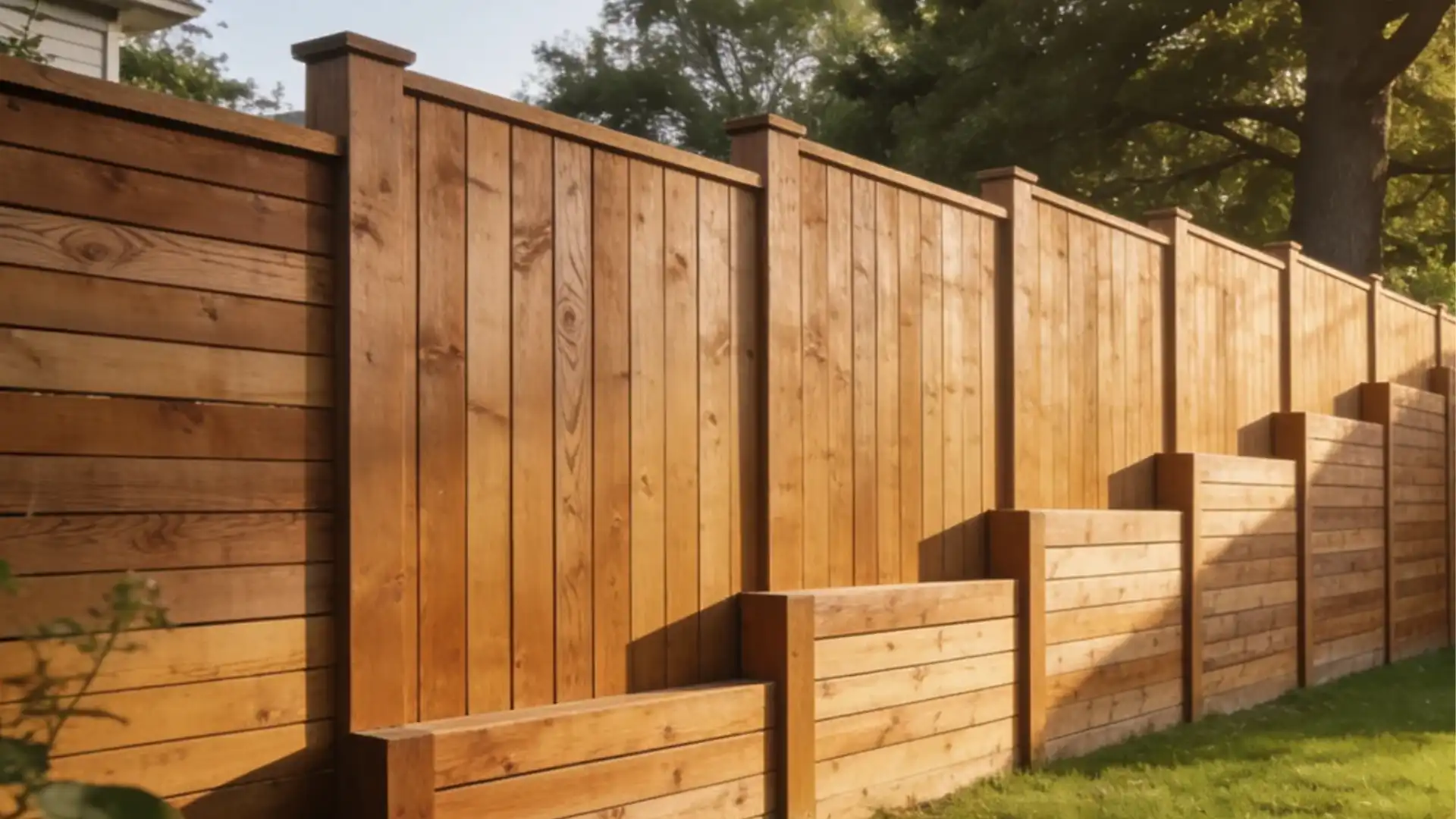 staggered height wood fence with alternating boards creating a stylish backyard privacy barrier