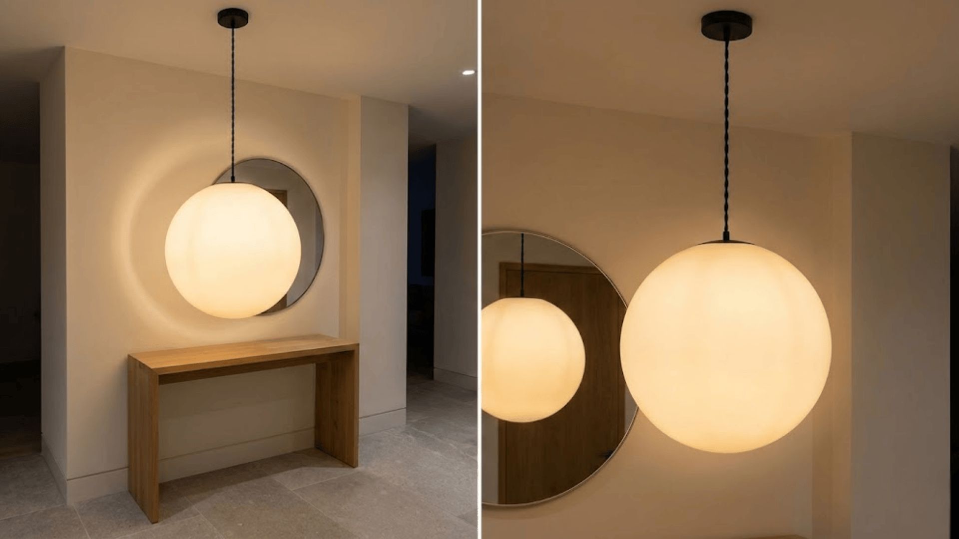 frosted glass globe pendant light 16 inches suspended above console creating warm ambient glow