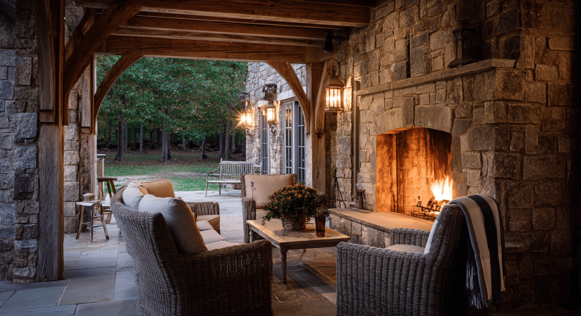 stone fireplace porch