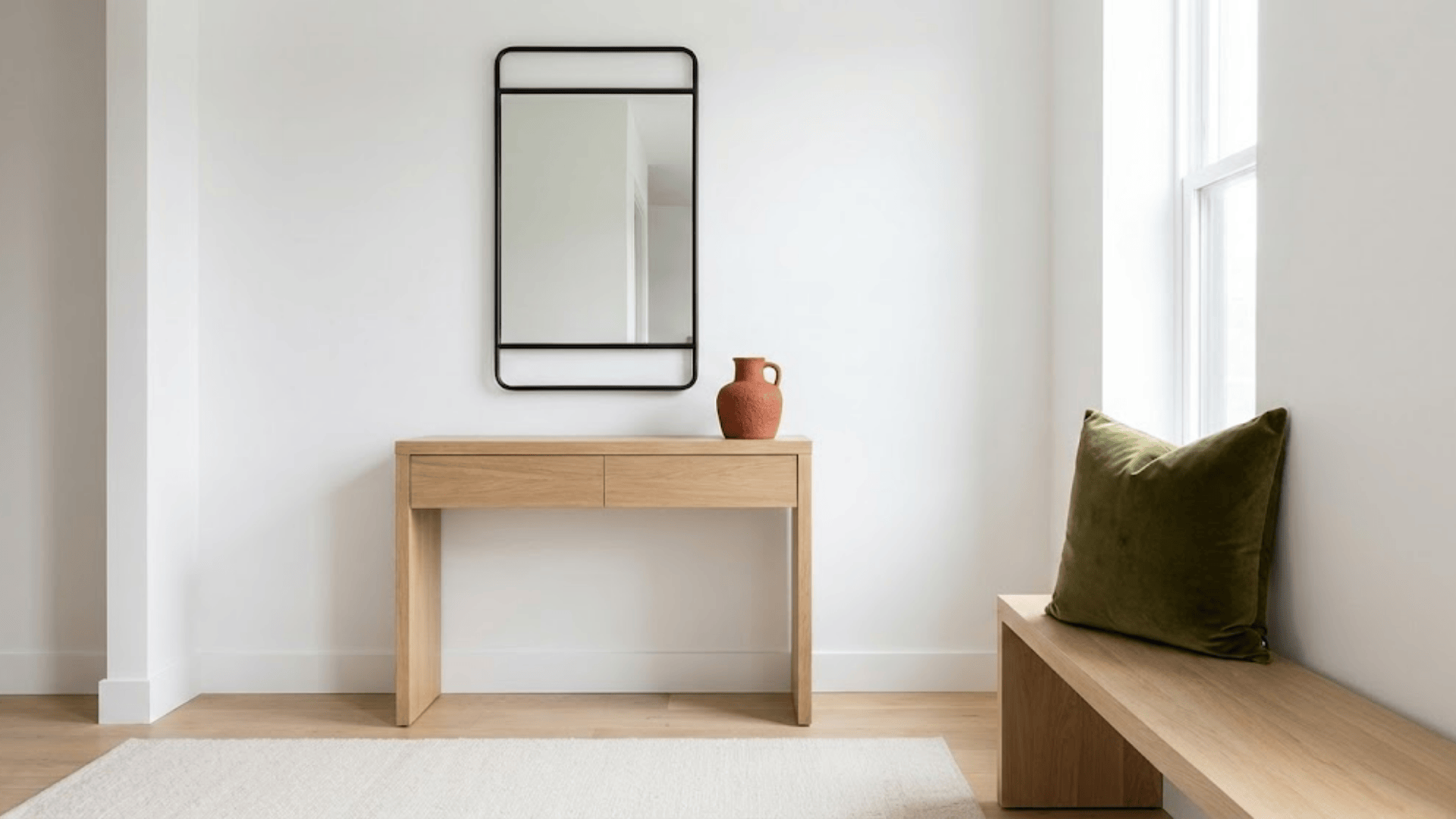 neutral entryway with black mirror frame rust terracotta vase and olive pillow adding contrast pops