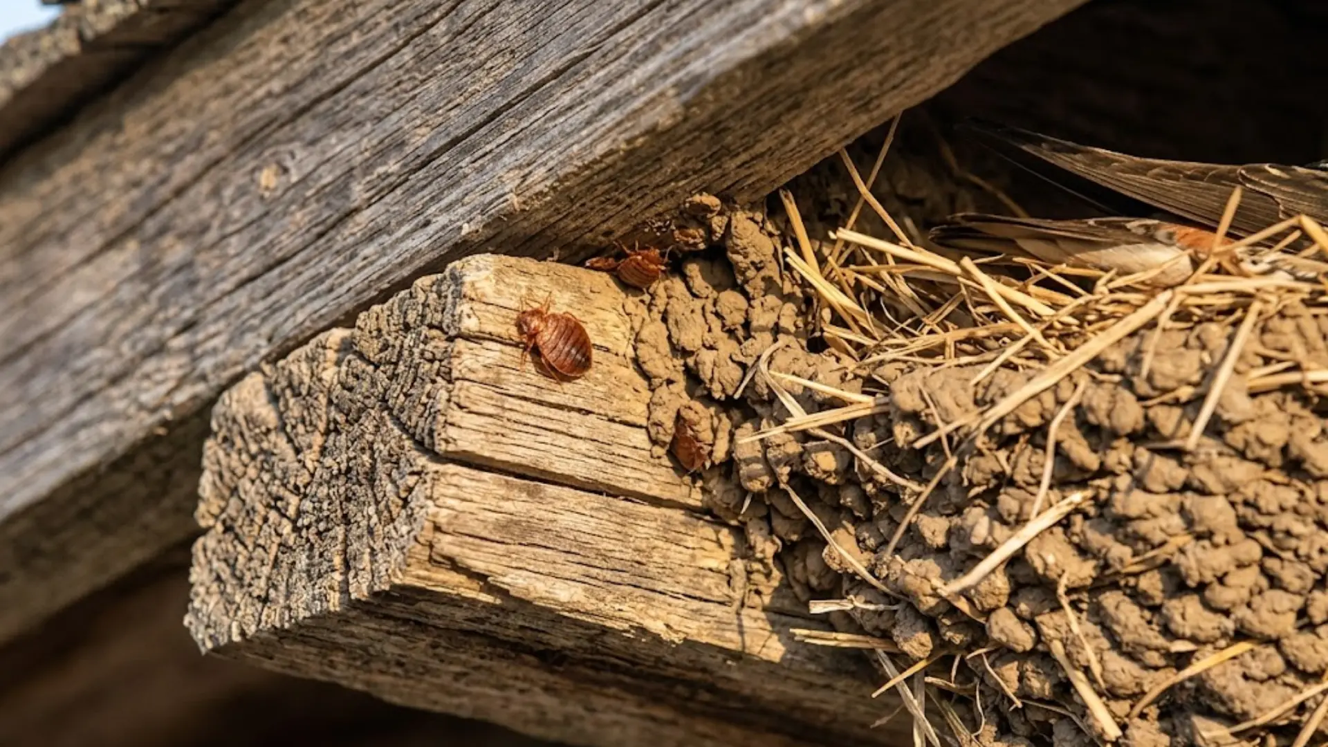 photo of a swallow bug near a bird nest under a wooden eave