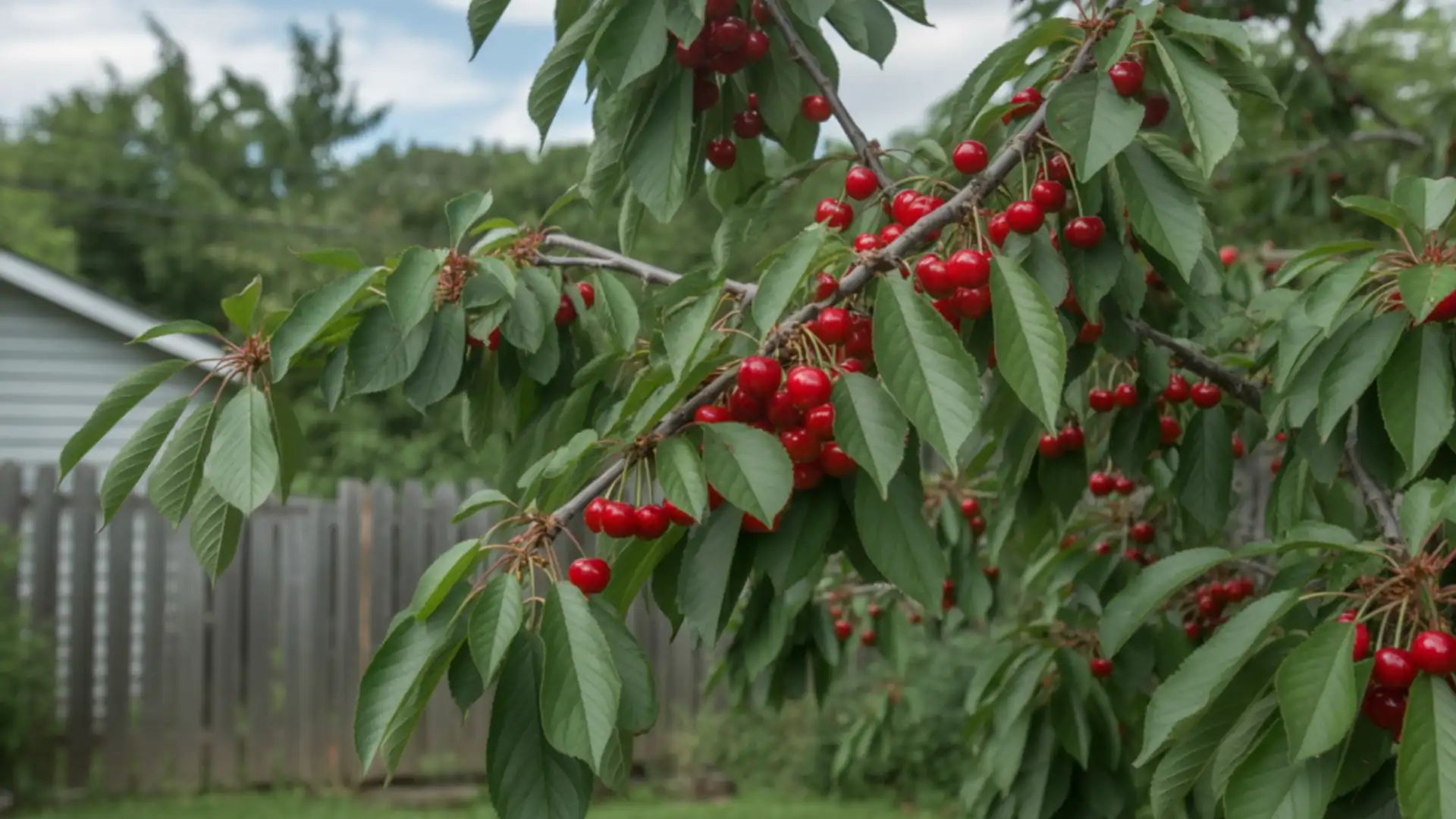 ripe tart cherries hanging in dense clusters from green leafy branches in a backyard garden