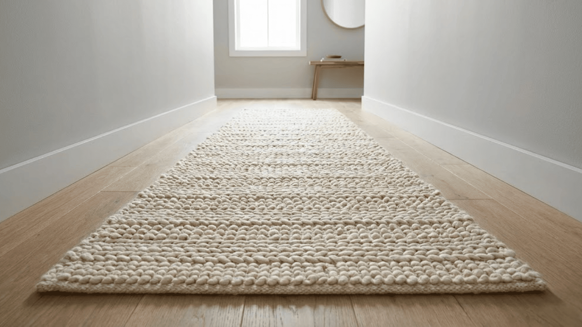 textured flatweave cream wool runner with chunky weave pattern on light oak floor in narrow hallway