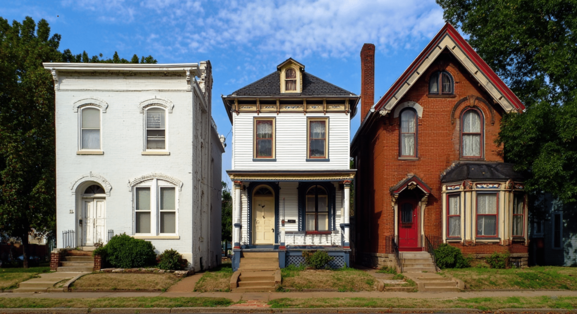 three house styles compared, modern with flat roof, colonial with moderate pitch, victorian with steep roof