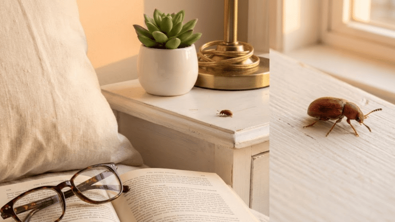 realistic macro photo of tiny brown beetle on white bedroom nightstand with book and lamp cozy home interior scene