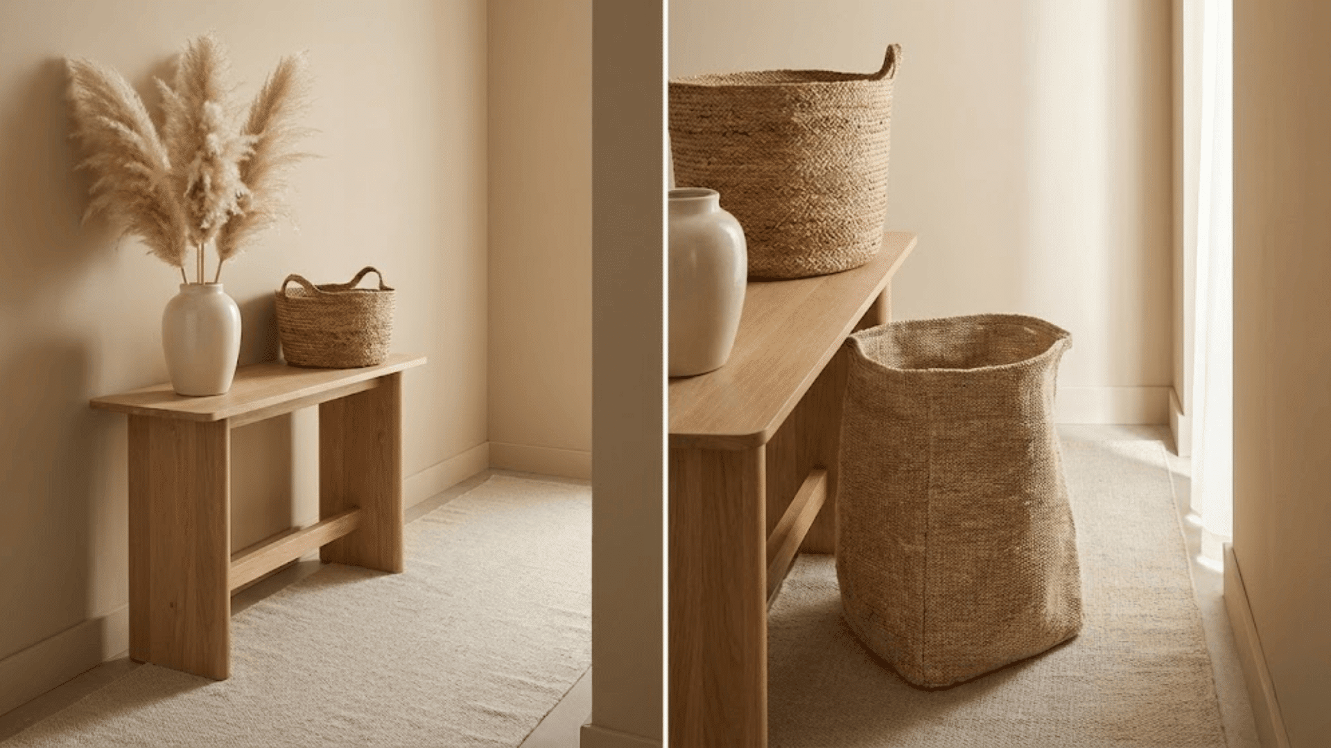beige tonal entryway with sand walls oak console cream vase jute basket and oatmeal rug layered