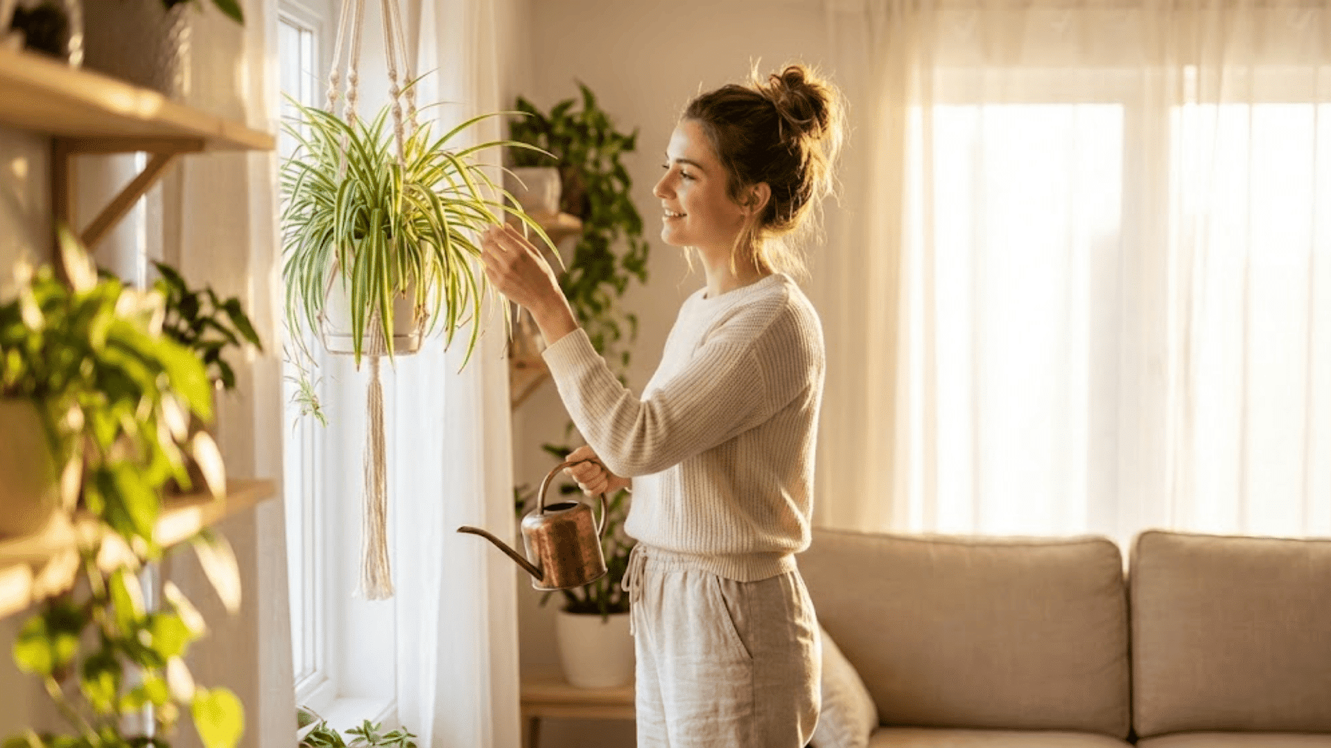 woman tending to spider plant near window in cozy home showing plant care benefits and stress relief