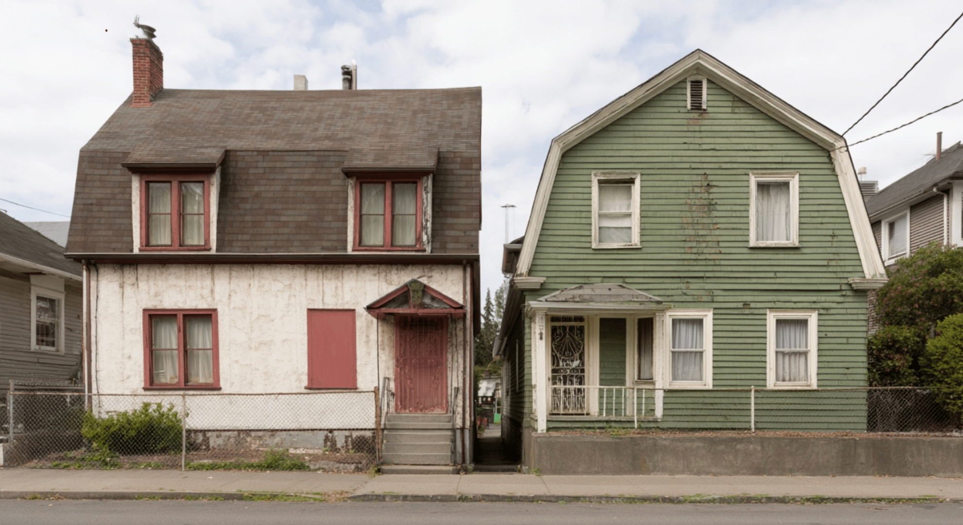 two 2-story houses side by side comparing height differences from ceiling, roof pitch, and foundation