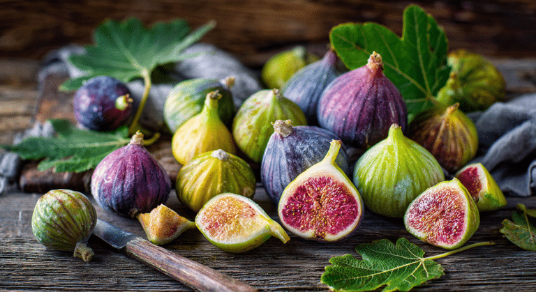 different colored figs on a table with leaves with the figs also showing the inside flesh
